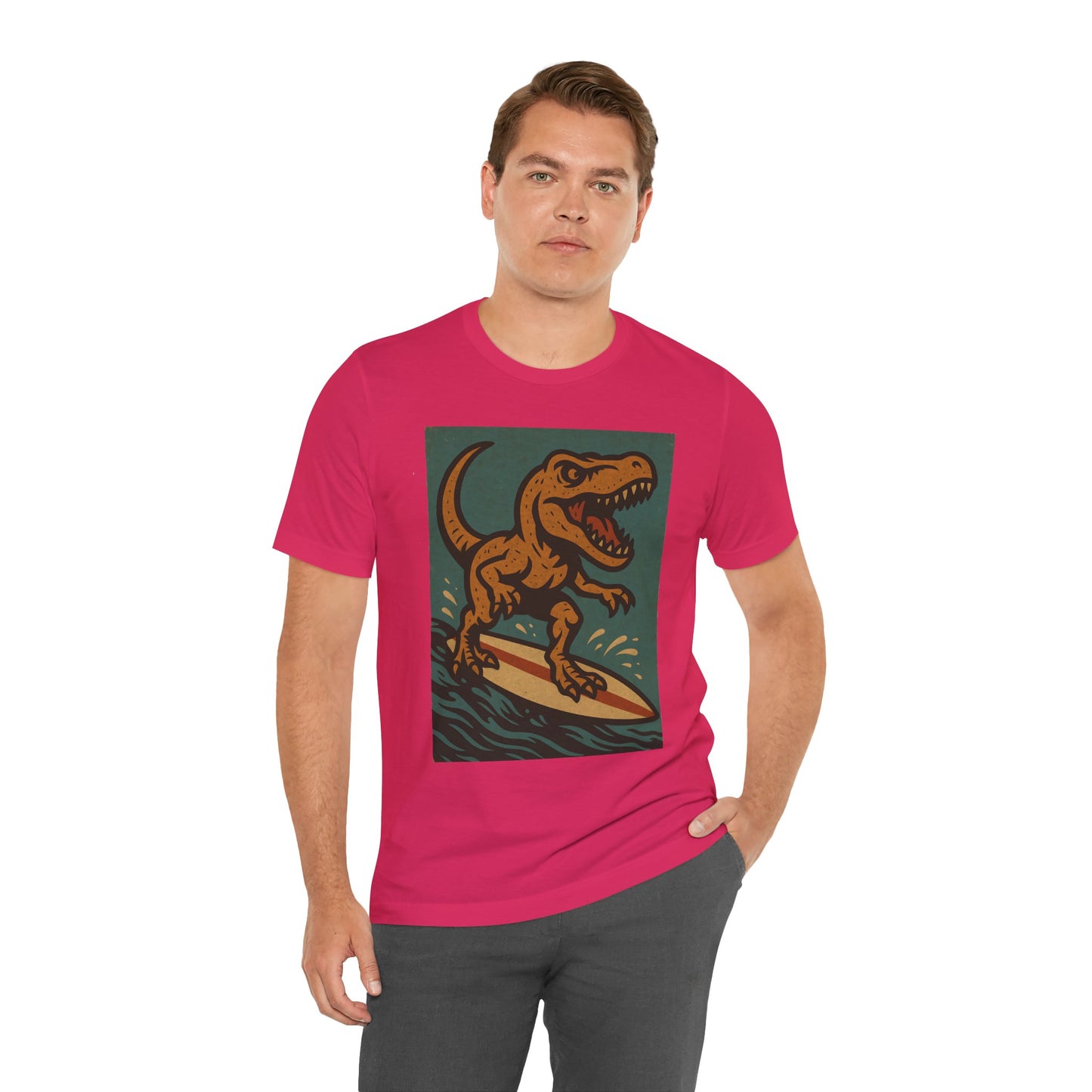Surfing T-Rex T-Shirt – Funny Dinosaur Graphic Tee for Summer Vibes - WhimSpin - https://whimspin.com