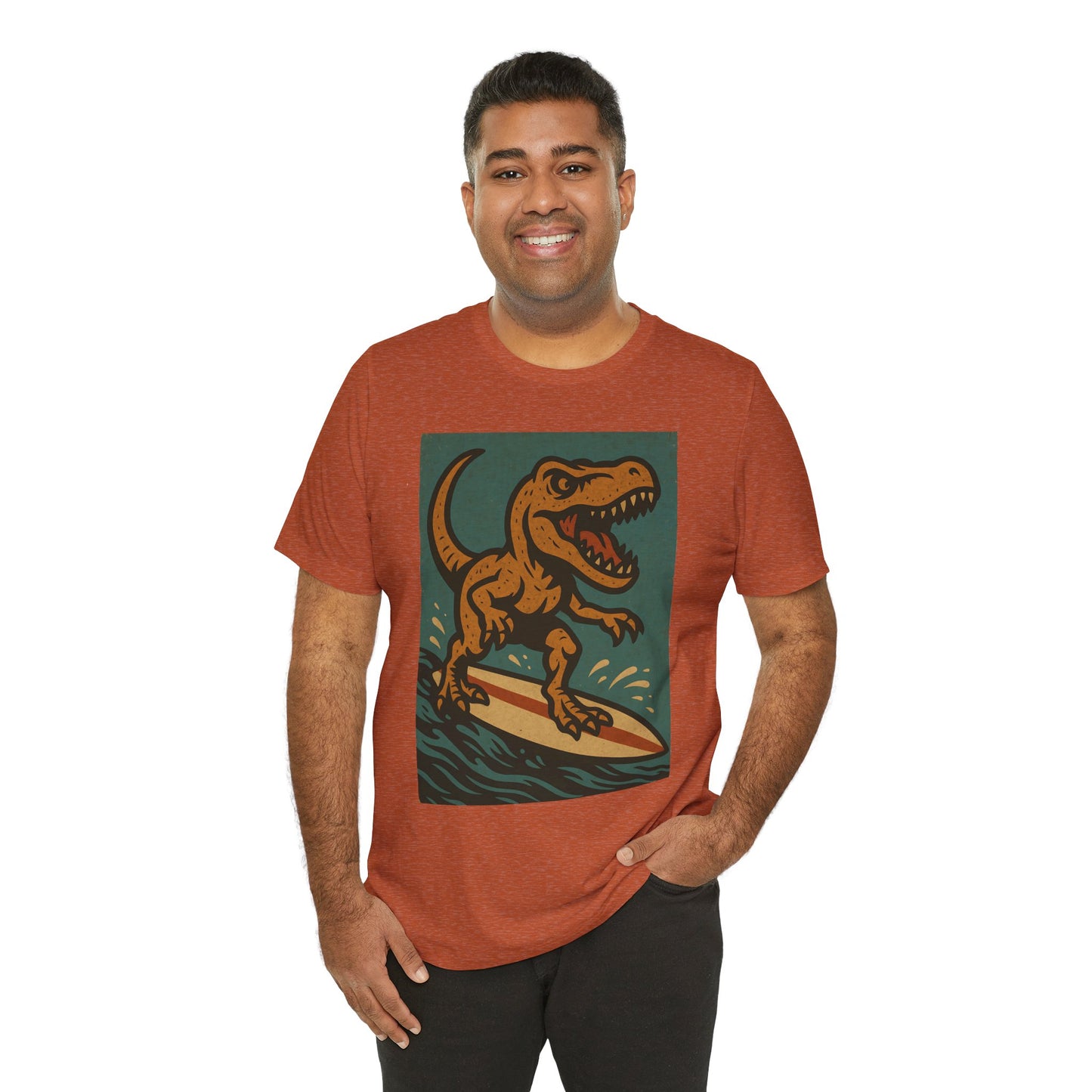 Surfing T-Rex T-Shirt – Funny Dinosaur Graphic Tee for Summer Vibes - WhimSpin - https://whimspin.com
