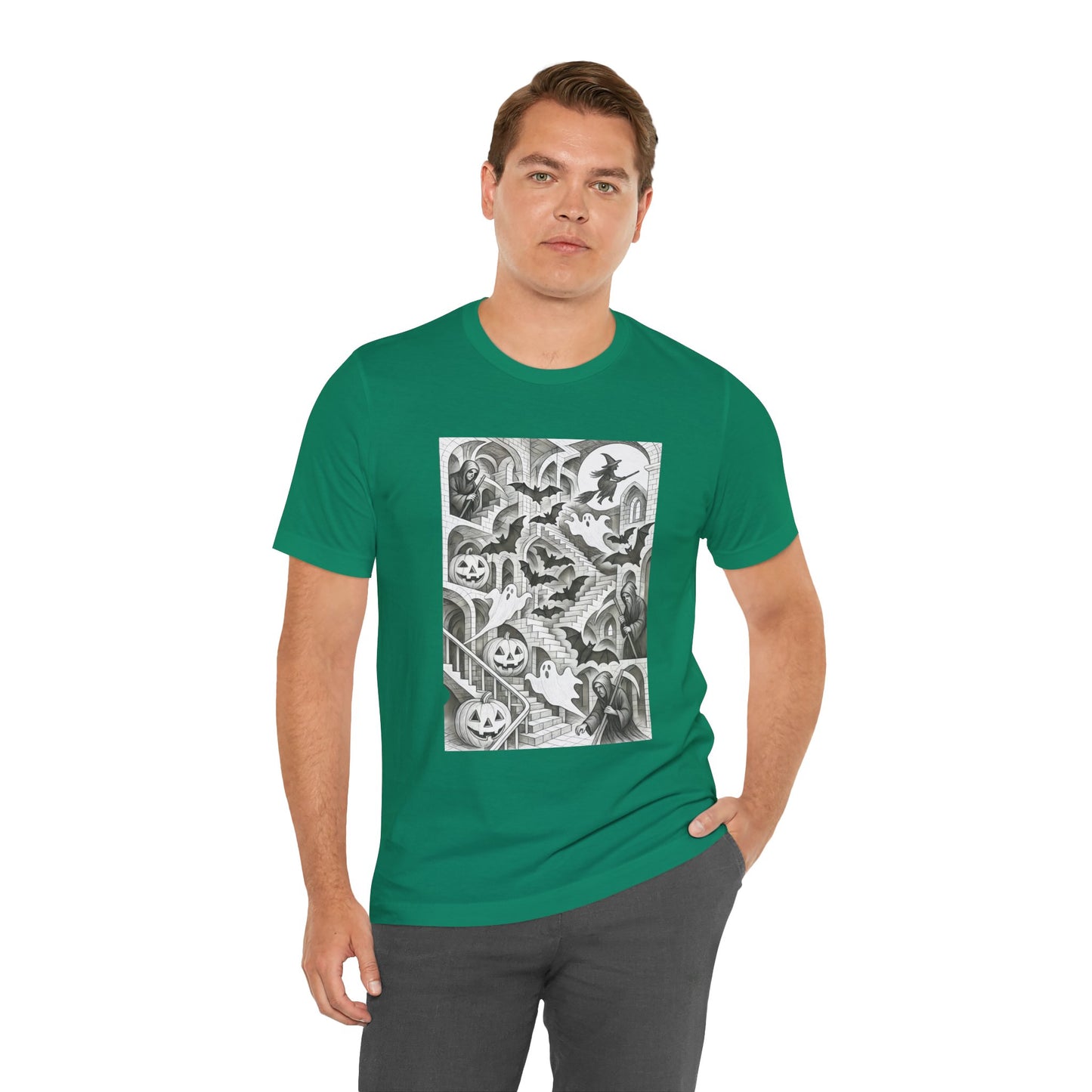Haunted Hallways T-Shirt – Escher-Inspired Halloween Graphic Tee