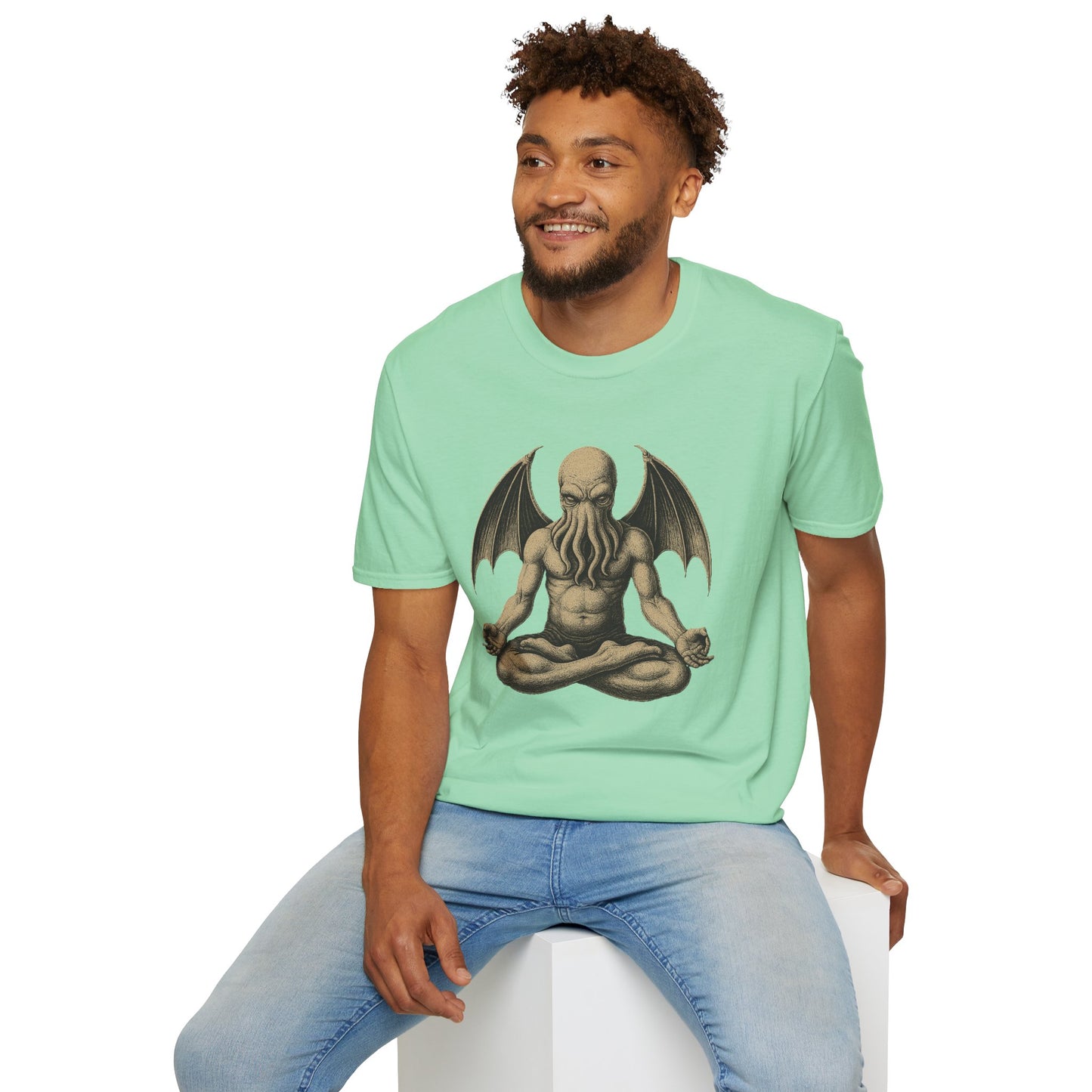 Meditating Cthulhu T-Shirt – Unisex Mythos Tee for Sci-Fi & Festival Fans - WhimSpin - https://whimspin.com