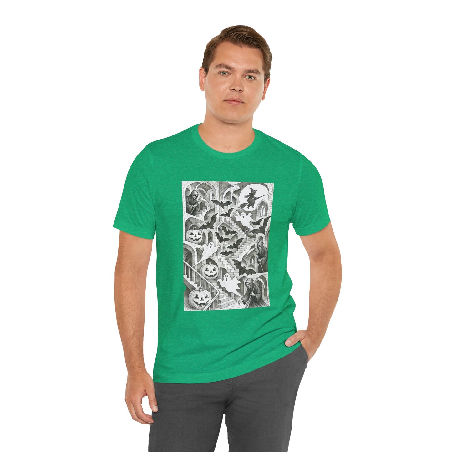 Haunted Hallways T-Shirt – Escher-Inspired Halloween Graphic Tee