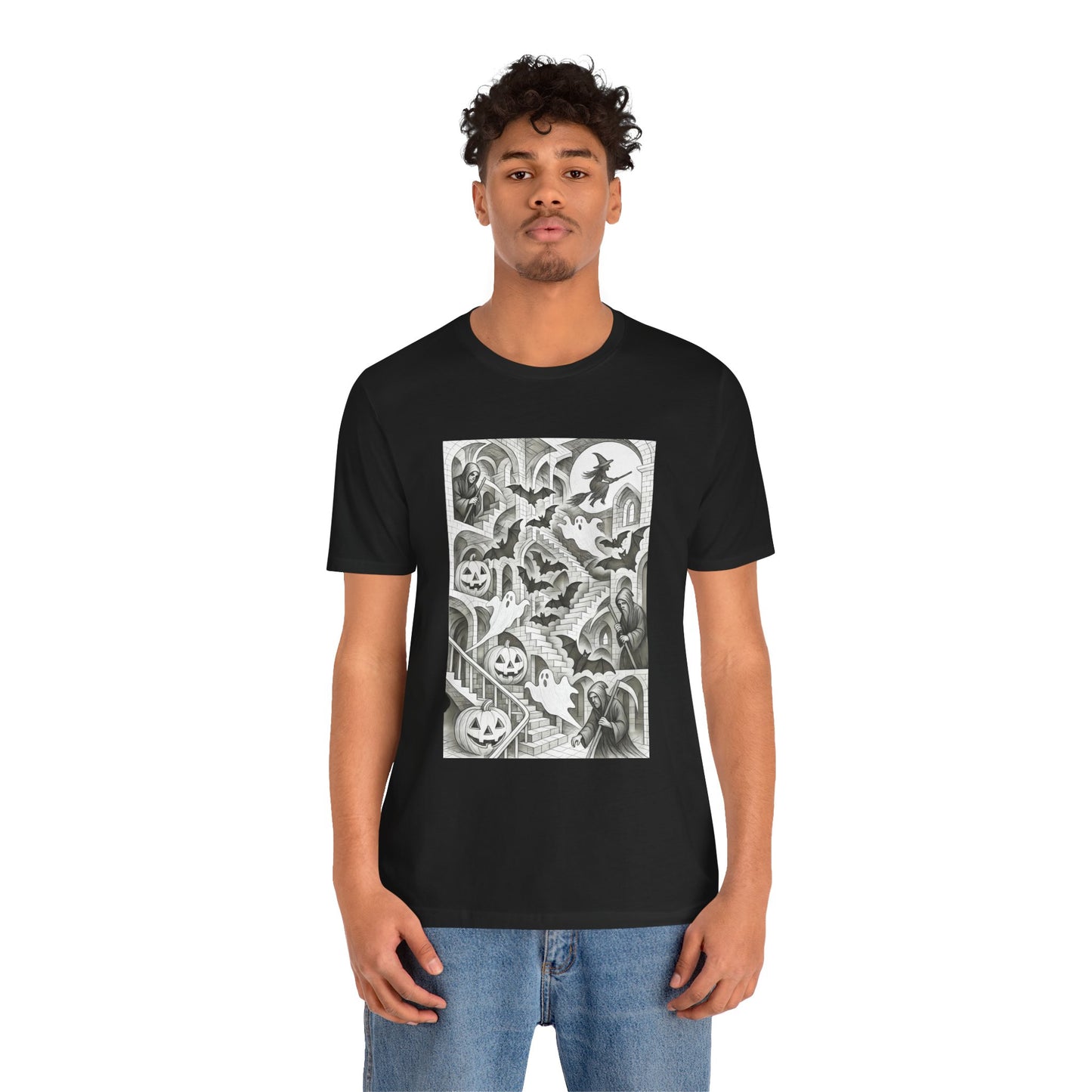 Haunted Hallways T-Shirt – Escher-Inspired Halloween Graphic Tee