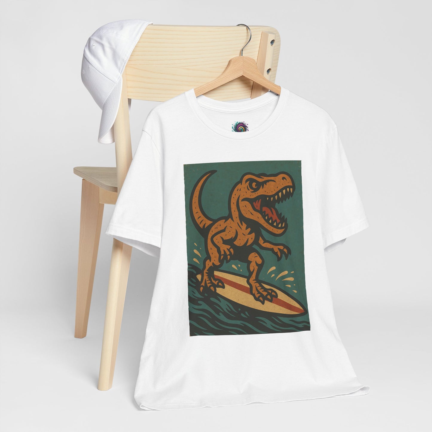 Surfing T-Rex T-Shirt – Funny Dinosaur Graphic Tee for Summer Vibes - WhimSpin - https://whimspin.com