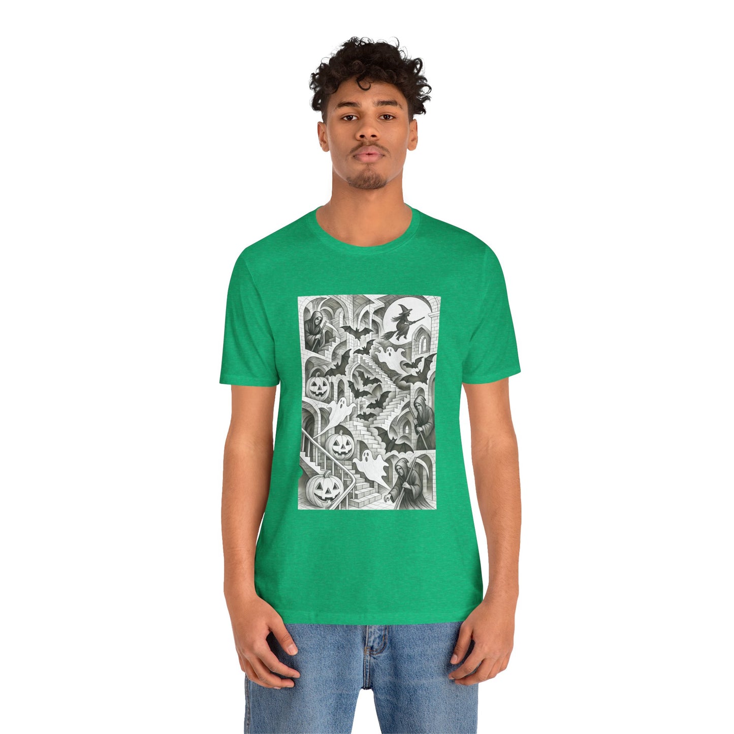 Haunted Hallways T-Shirt – Escher-Inspired Halloween Graphic Tee