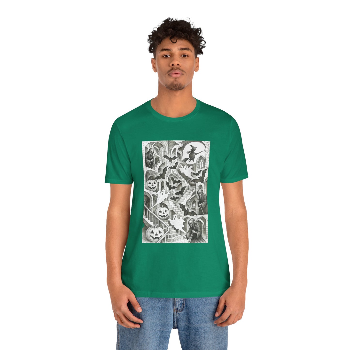 Haunted Hallways T-Shirt – Escher-Inspired Halloween Graphic Tee