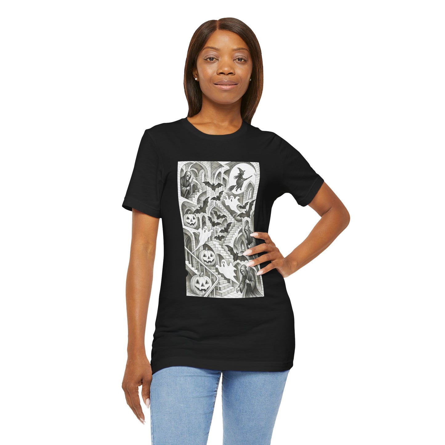 Haunted Hallways T-Shirt – Escher-Inspired Halloween Graphic Tee