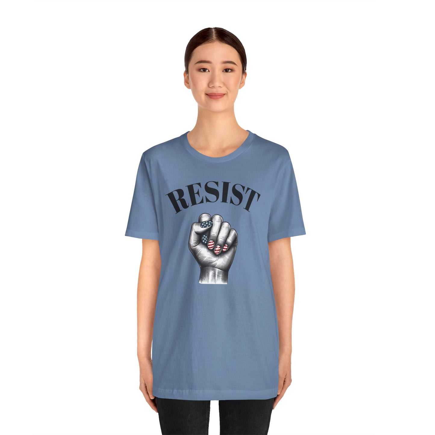 Resist Feminist Power Fist Tee – USA Flag Nails Protest Shirt