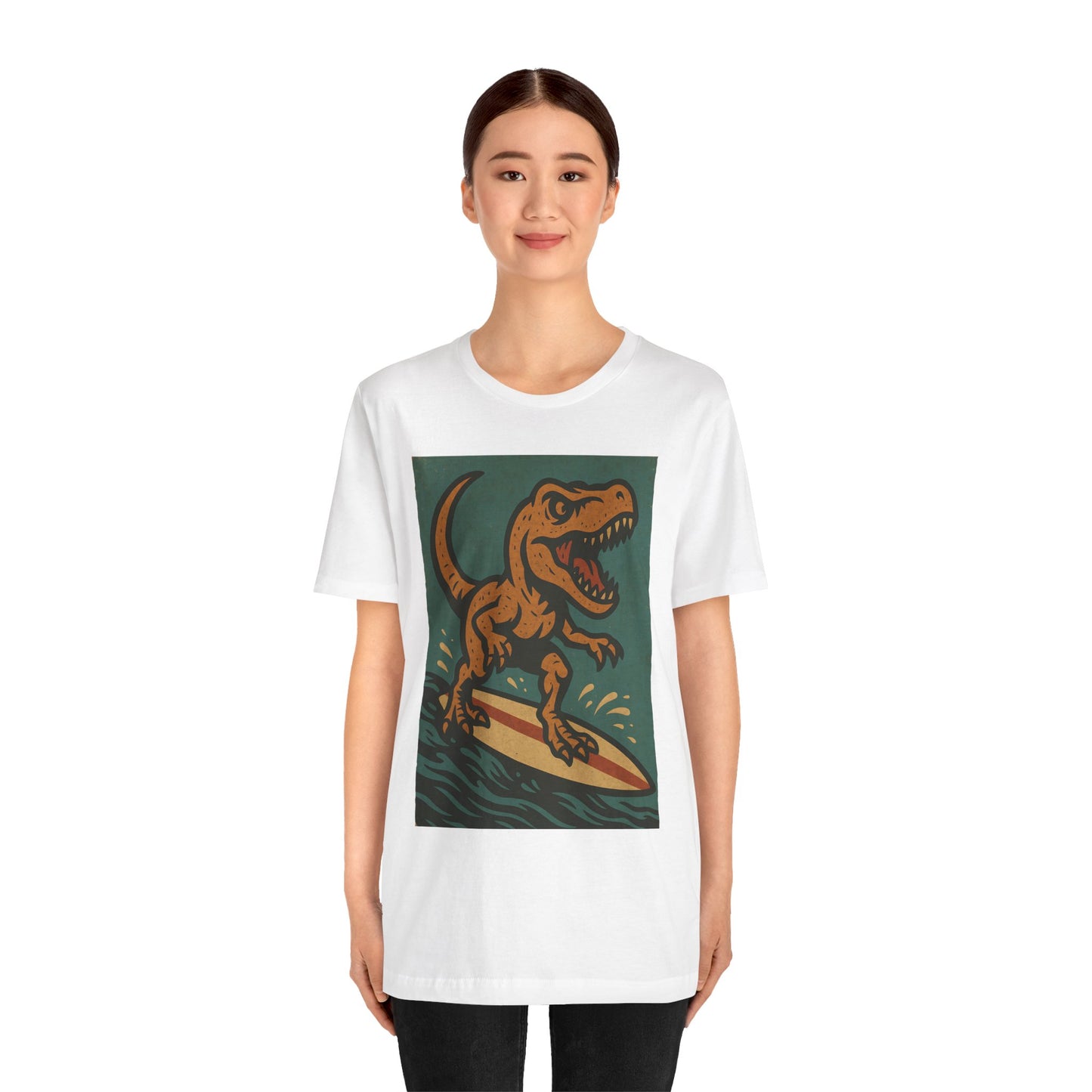 Surfing T-Rex T-Shirt – Funny Dinosaur Graphic Tee for Summer Vibes - WhimSpin - https://whimspin.com