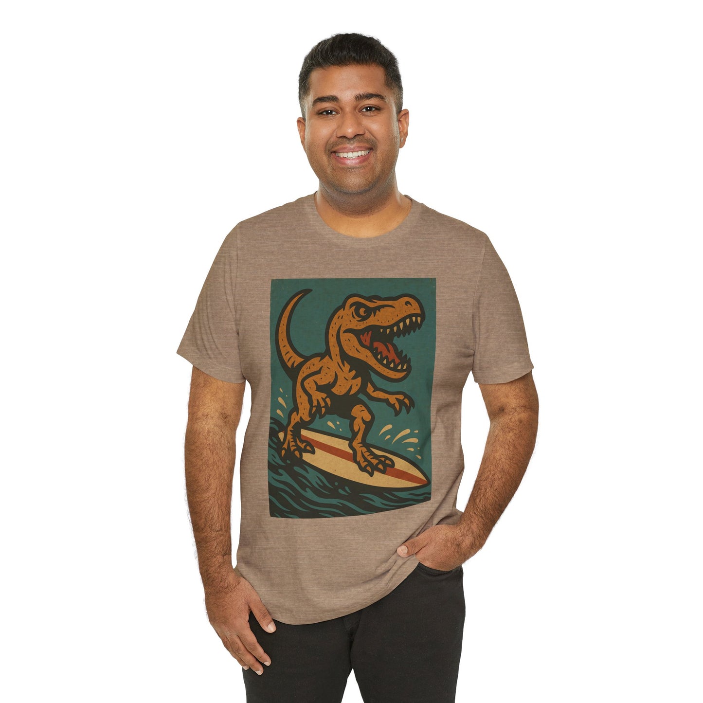 Surfing T-Rex T-Shirt – Funny Dinosaur Graphic Tee for Summer Vibes - WhimSpin - https://whimspin.com