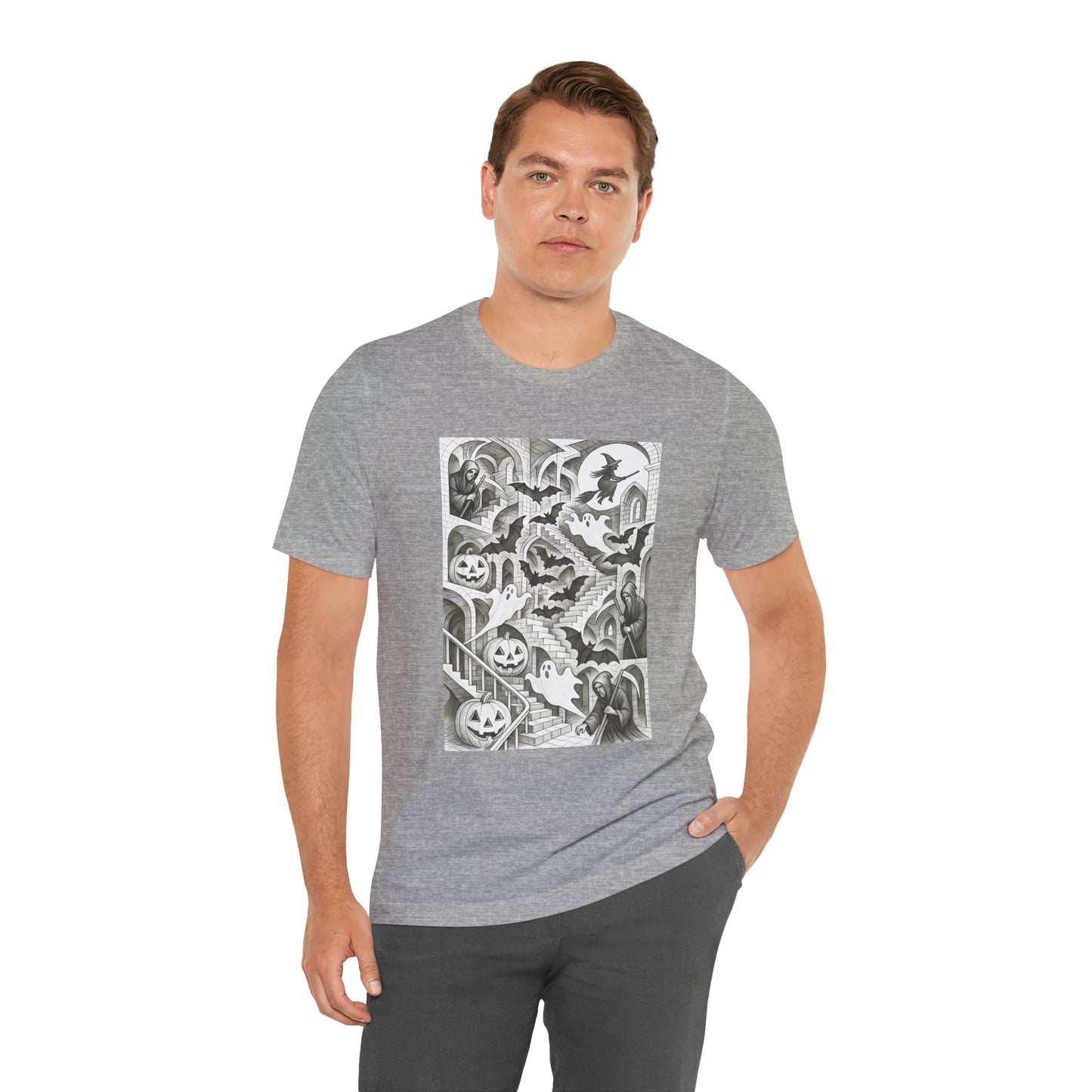 Haunted Hallways T-Shirt – Escher-Inspired Halloween Graphic Tee