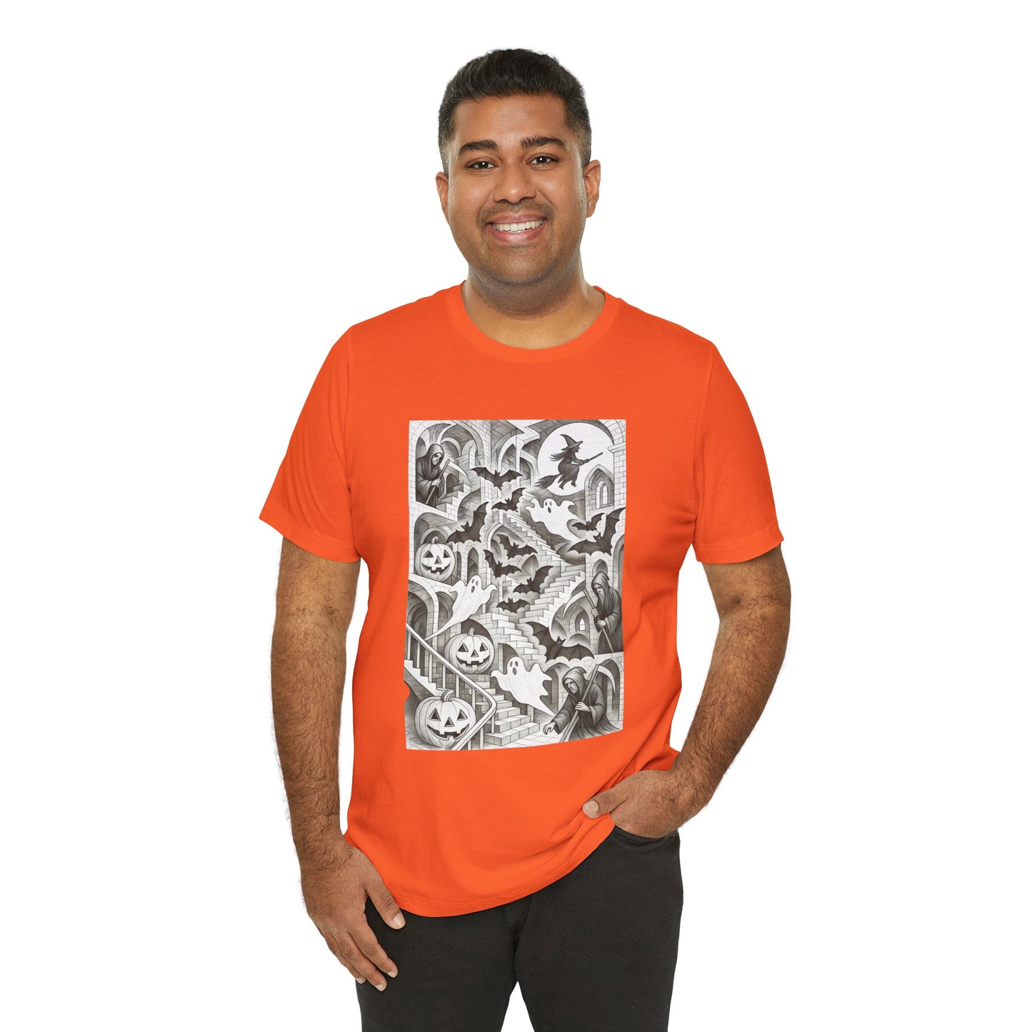 Haunted Hallways T-Shirt – Escher-Inspired Halloween Graphic Tee