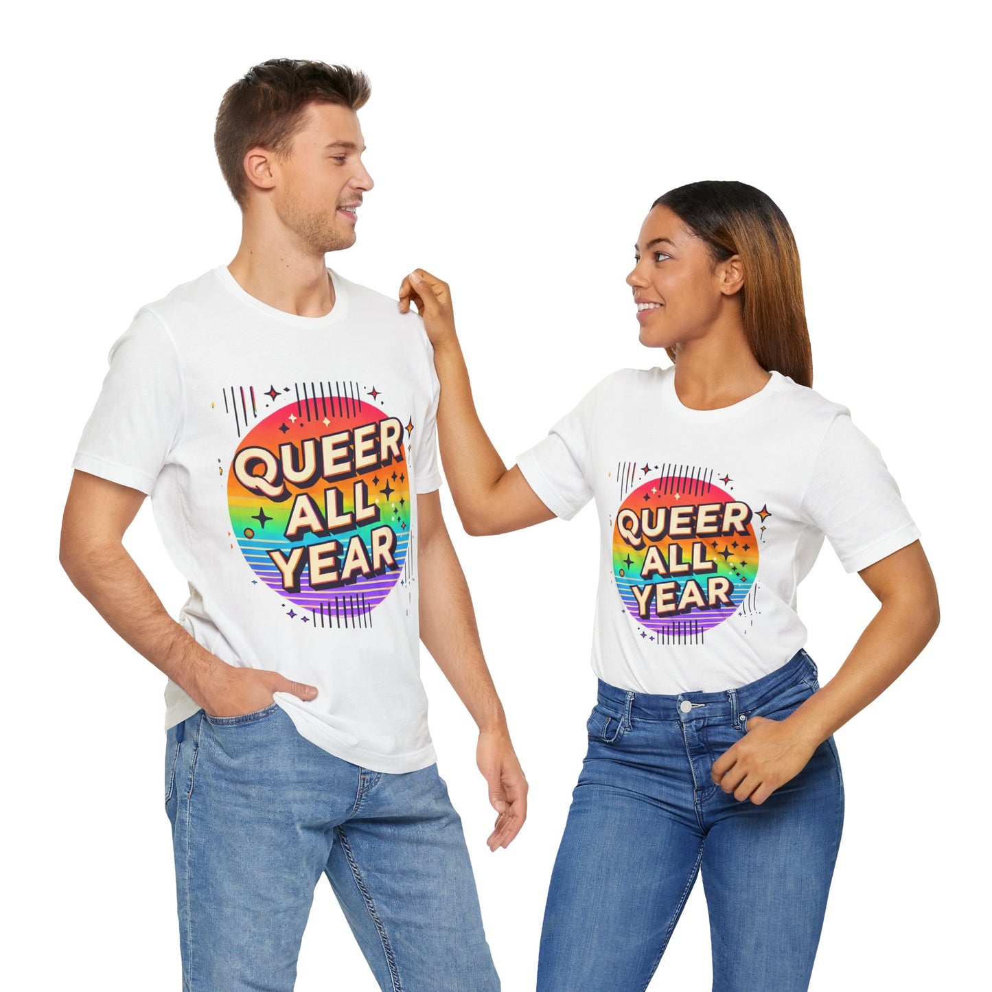 Queer All Year Tee – Retro Rainbow LGBTQ+ Graphic Shirt