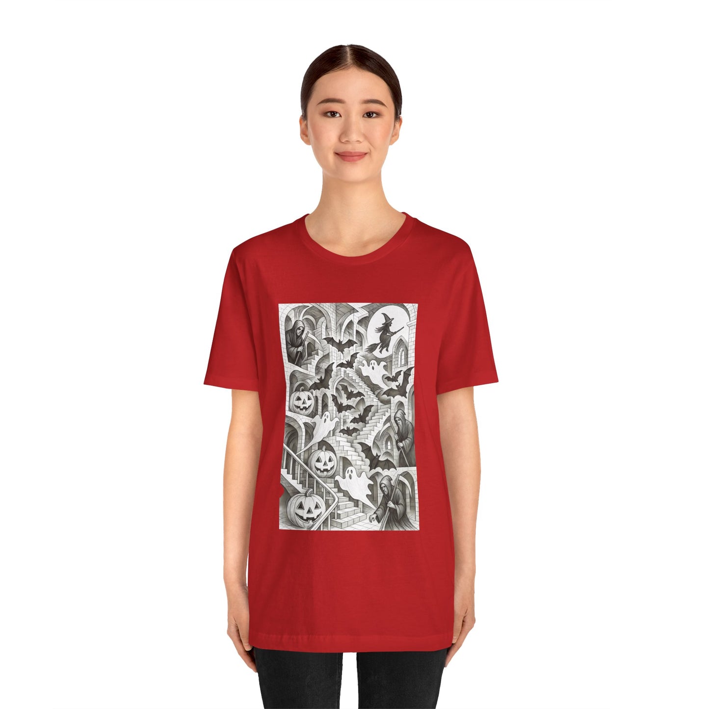 Haunted Hallways T-Shirt – Escher-Inspired Halloween Graphic Tee