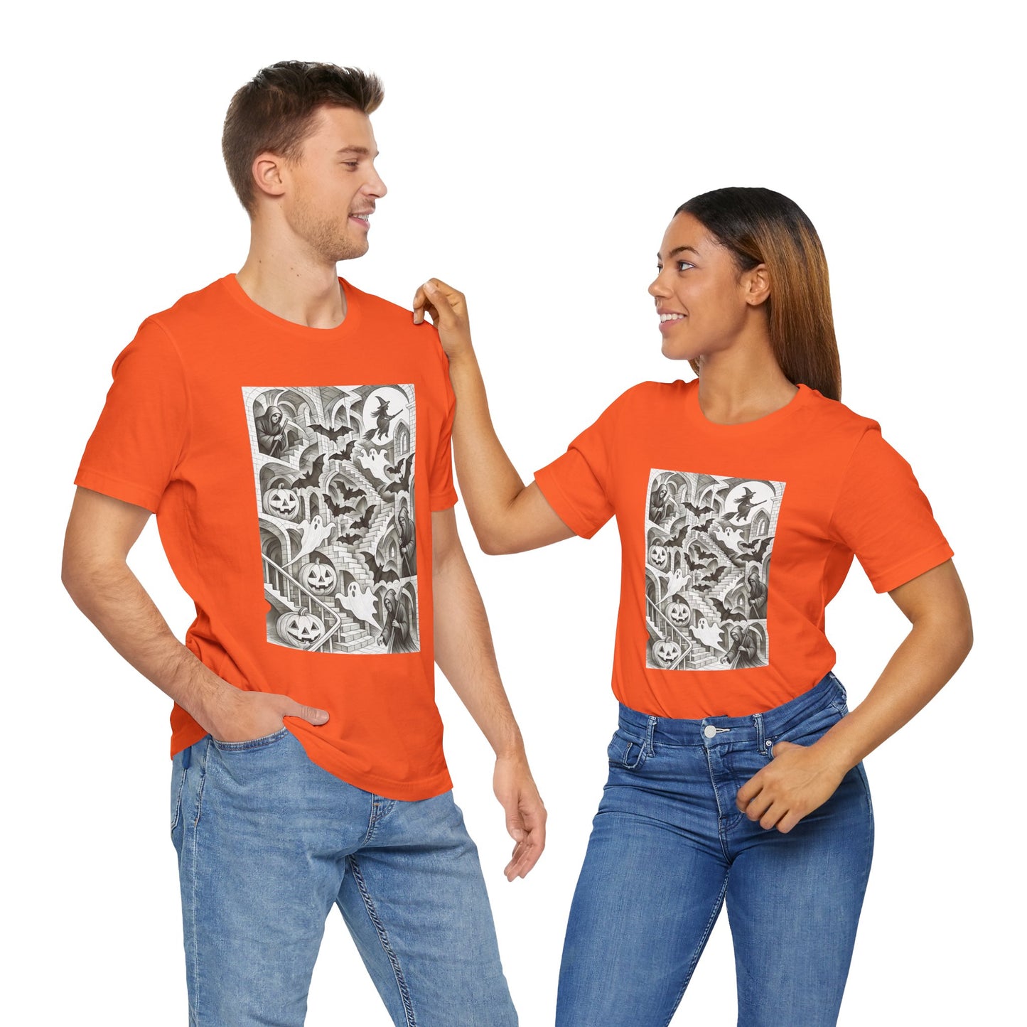 Haunted Hallways T-Shirt – Escher-Inspired Halloween Graphic Tee