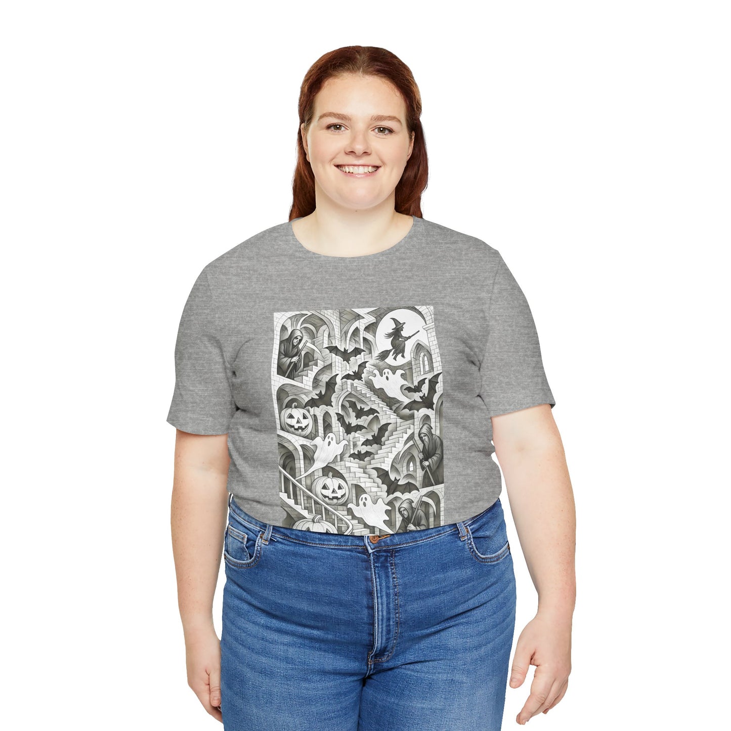 Haunted Hallways T-Shirt – Escher-Inspired Halloween Graphic Tee