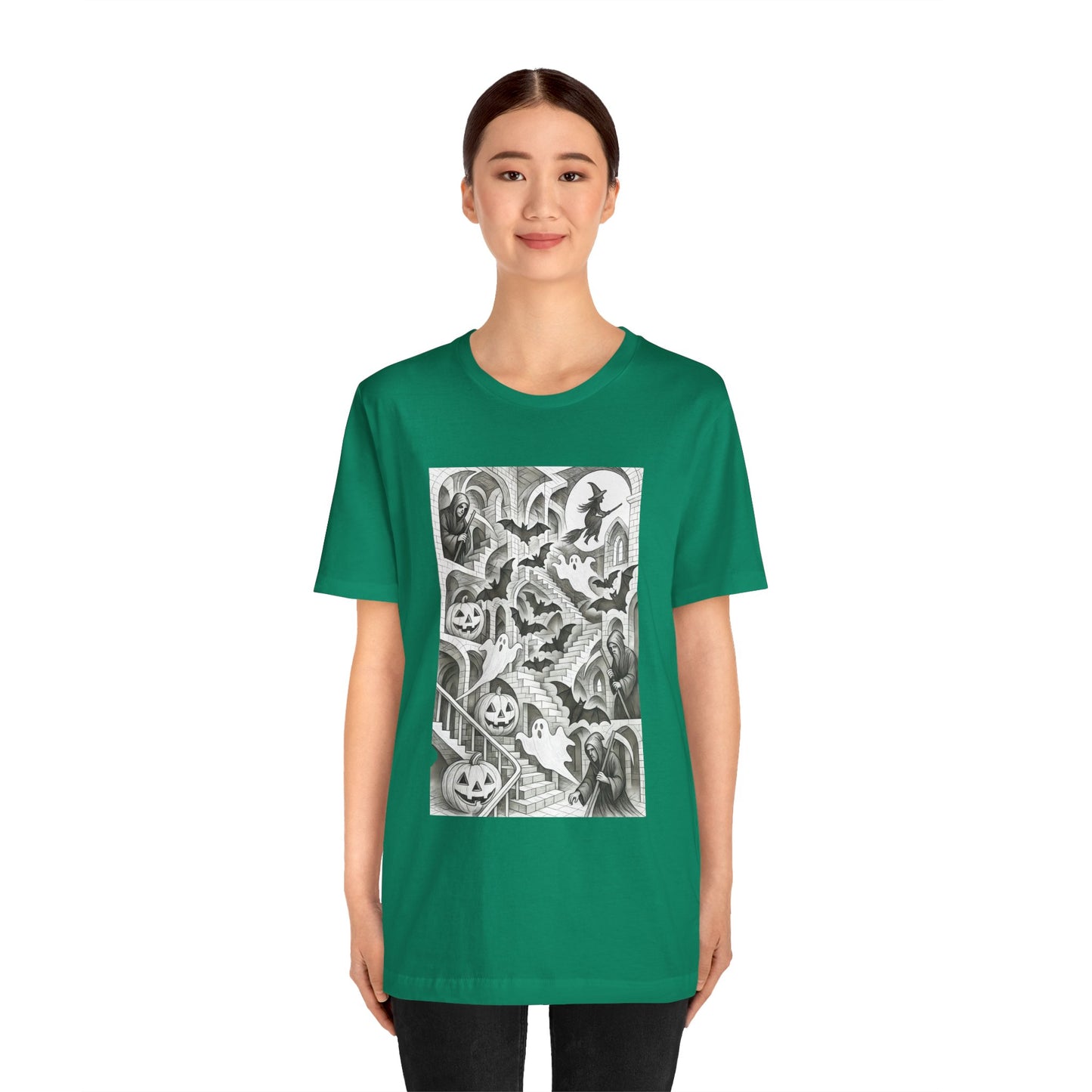 Haunted Hallways T-Shirt – Escher-Inspired Halloween Graphic Tee