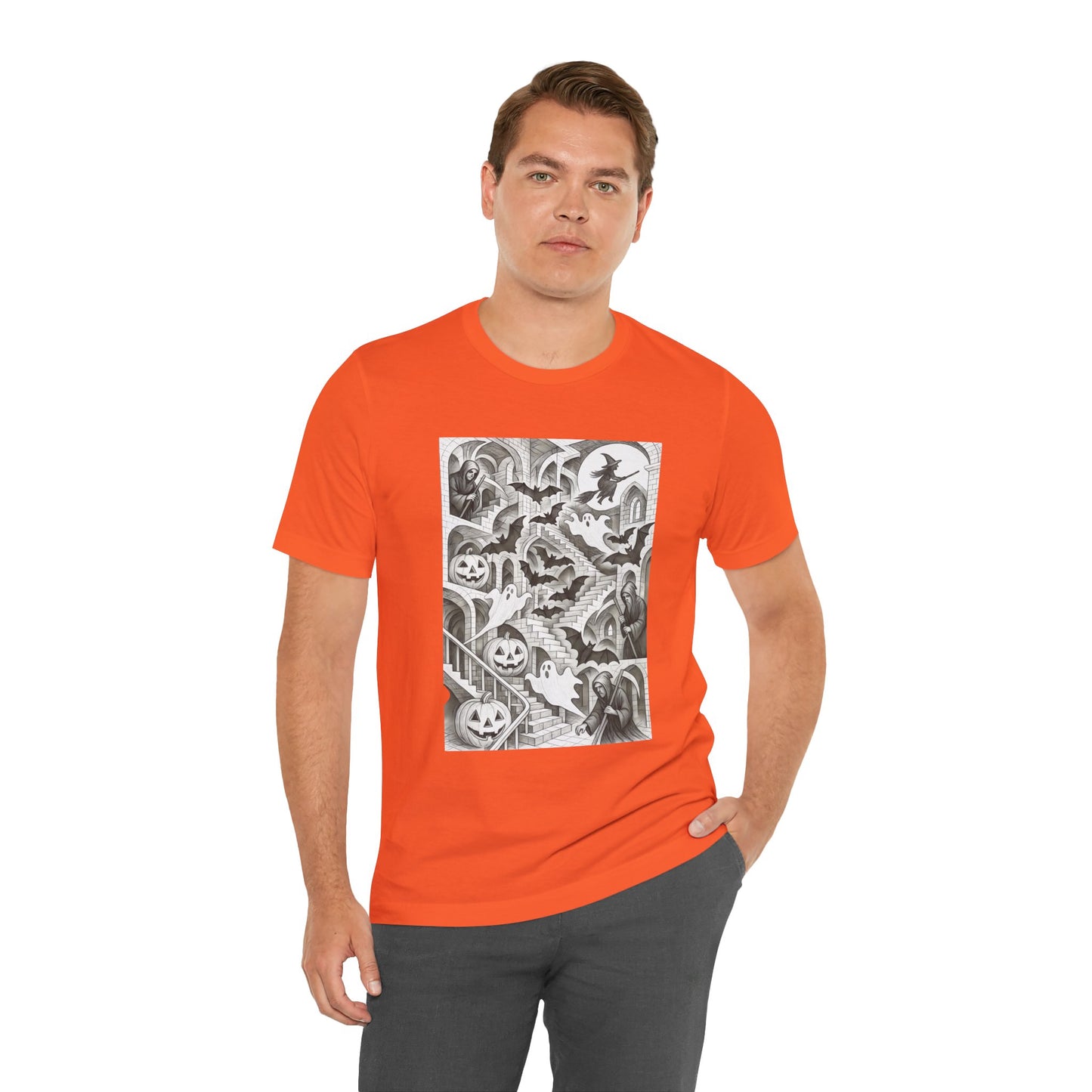 Haunted Hallways T-Shirt – Escher-Inspired Halloween Graphic Tee