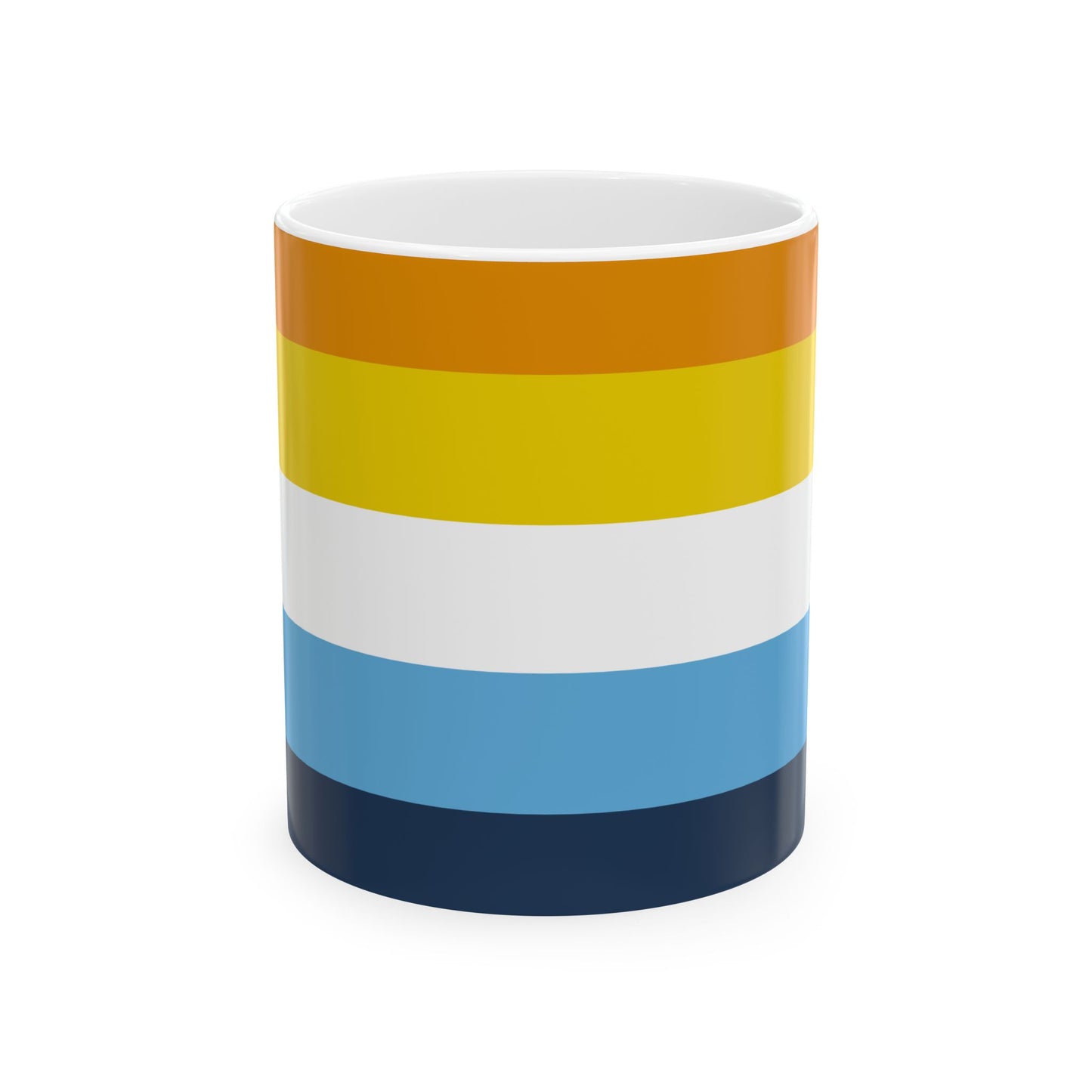 AroAce Pride Flag Mug by WhimSpin - this ceramic mug has colored striped from top to bottom as follows: orange, yellow/gold, white, blue, and navy 11oz size