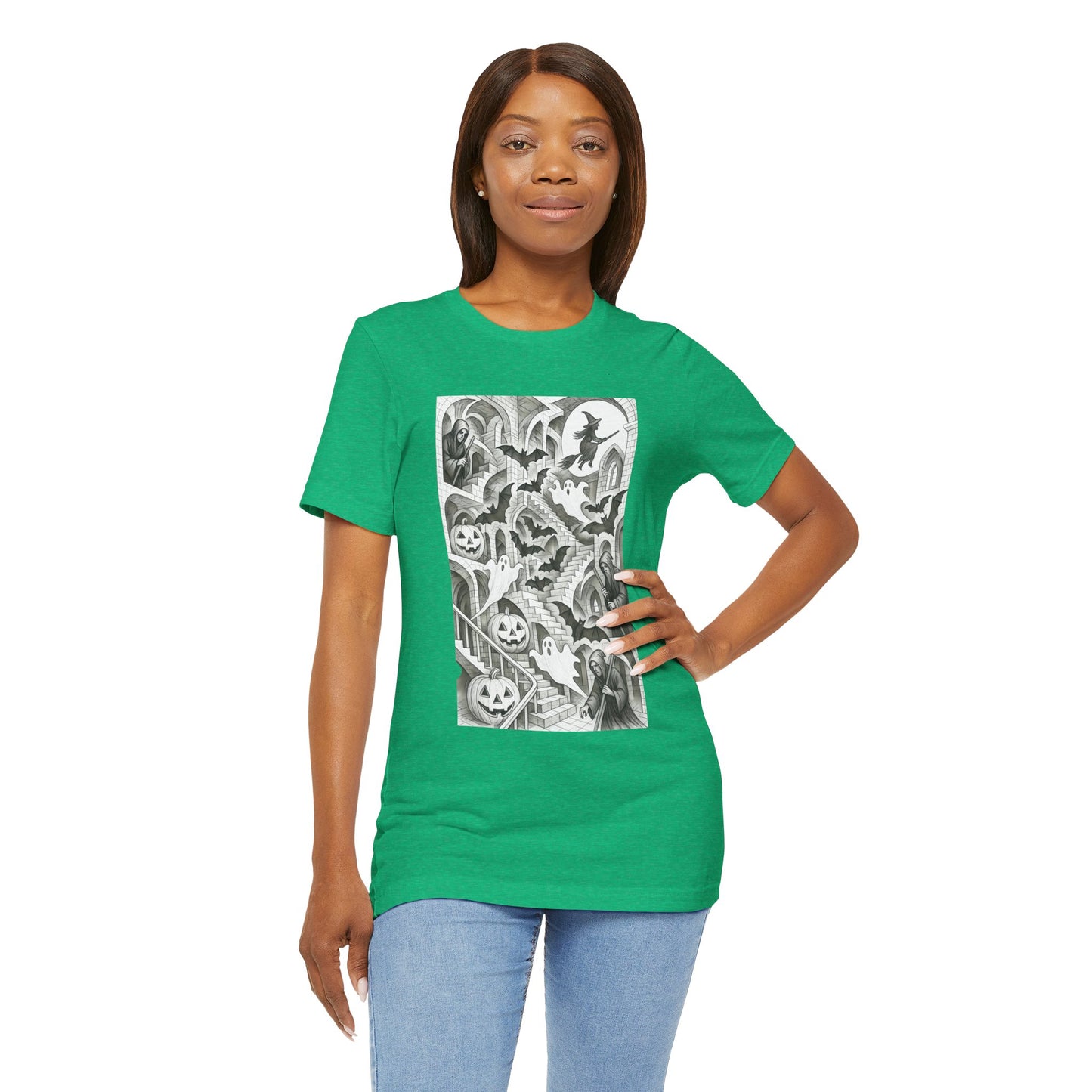 Haunted Hallways T-Shirt – Escher-Inspired Halloween Graphic Tee