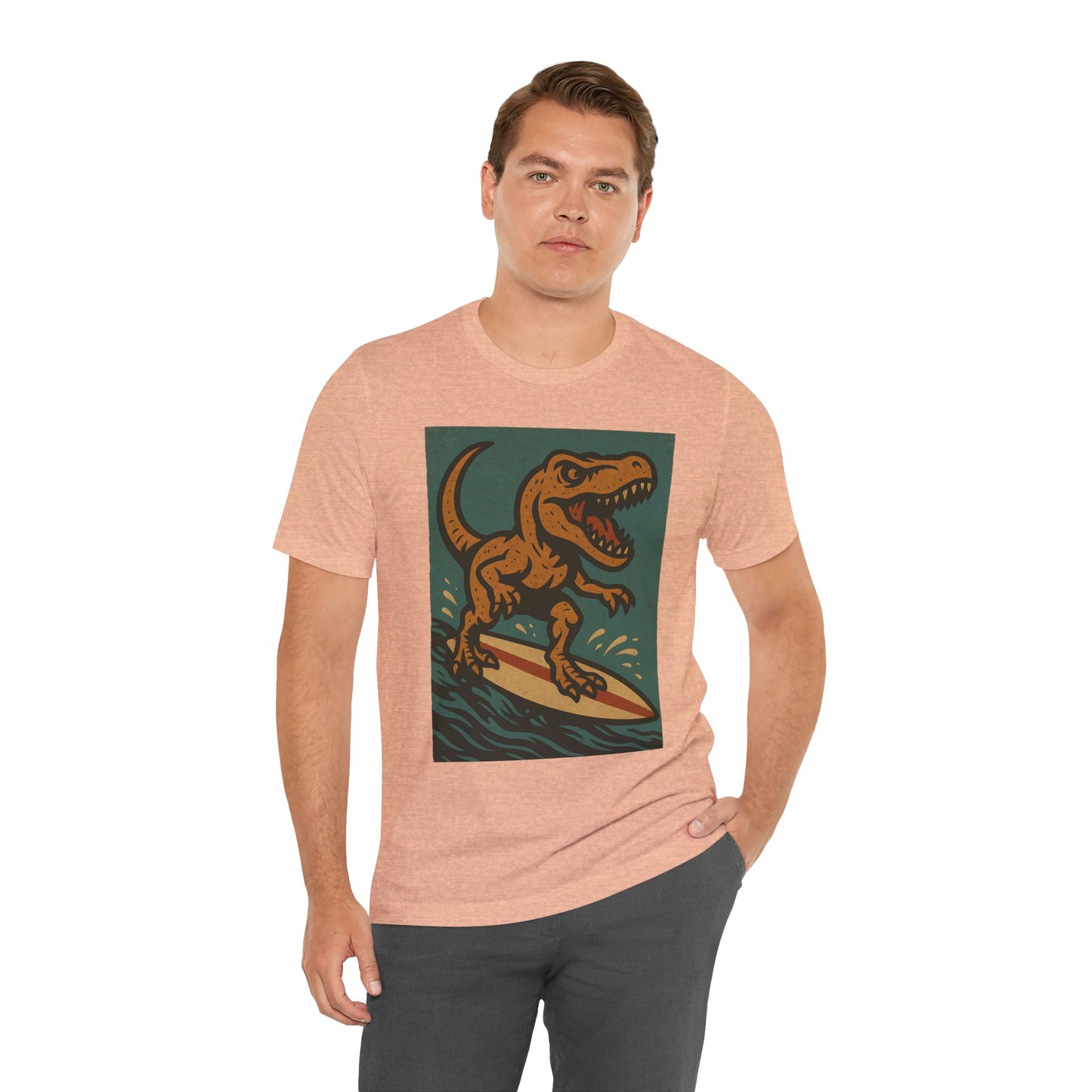 Surfing T-Rex T-Shirt – Funny Dinosaur Graphic Tee for Summer Vibes - WhimSpin - https://whimspin.com