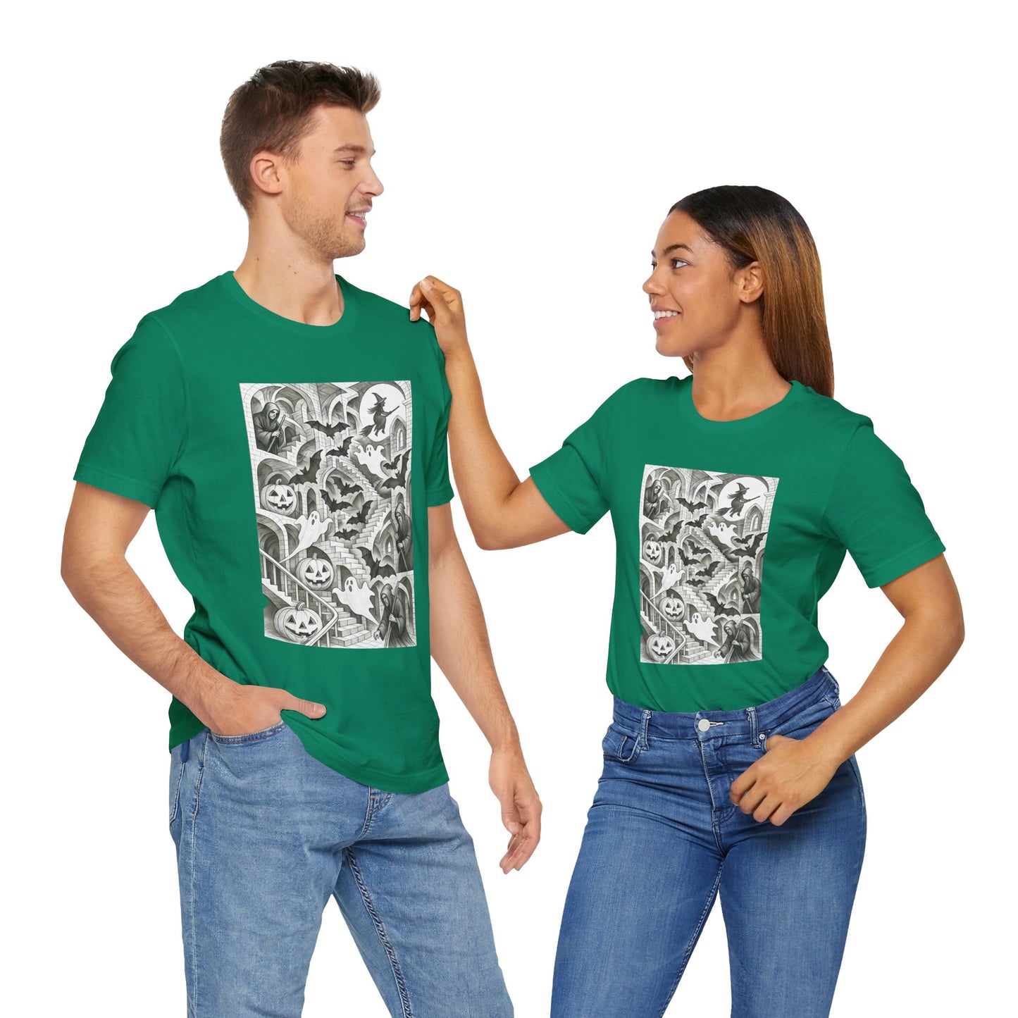 Haunted Hallways T-Shirt – Escher-Inspired Halloween Graphic Tee