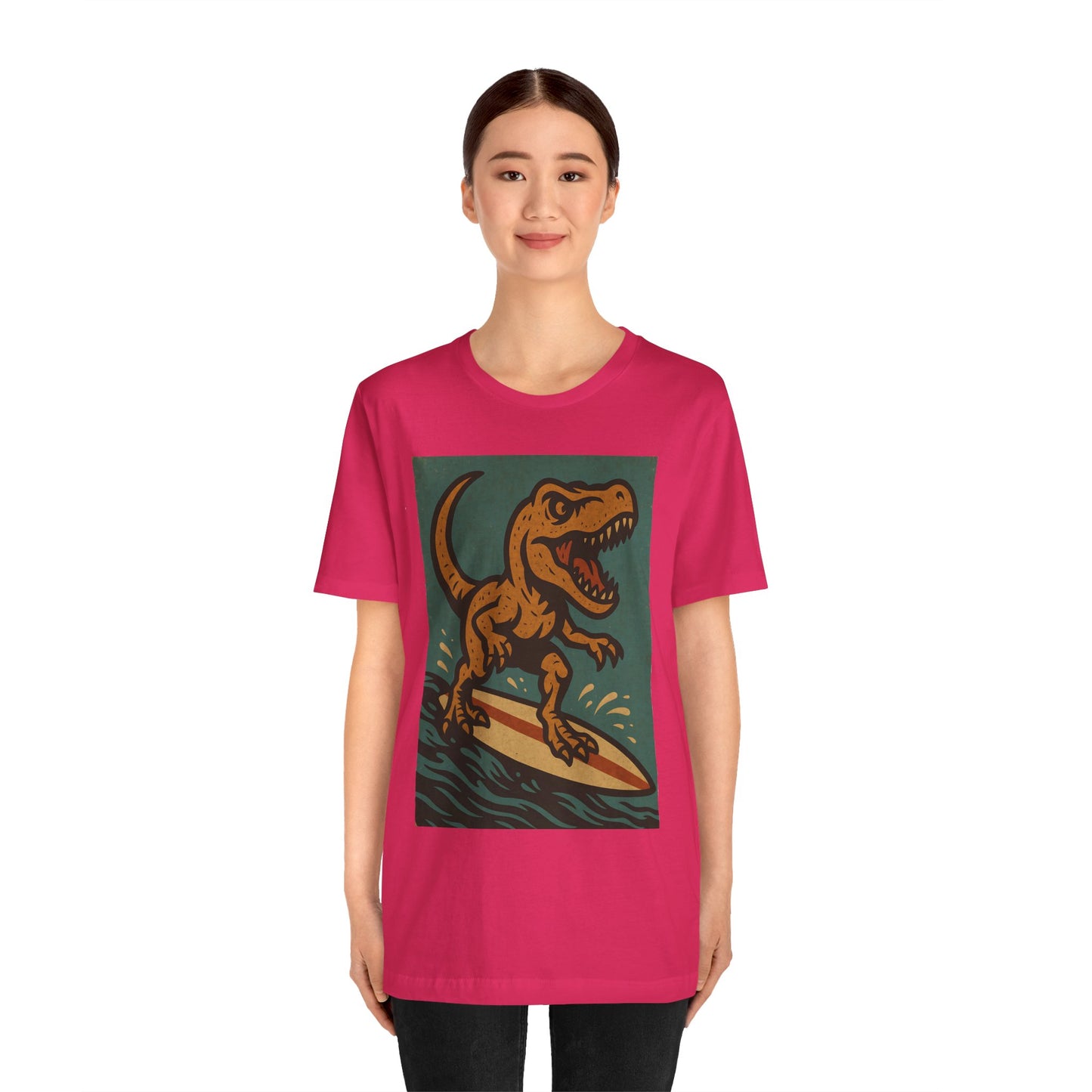 Surfing T-Rex T-Shirt – Funny Dinosaur Graphic Tee for Summer Vibes - WhimSpin - https://whimspin.com