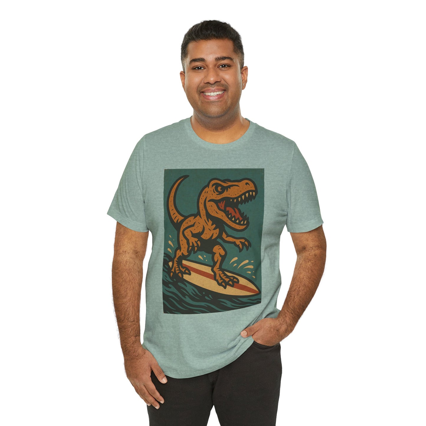 Surfing T-Rex T-Shirt – Funny Dinosaur Graphic Tee for Summer Vibes - WhimSpin - https://whimspin.com
