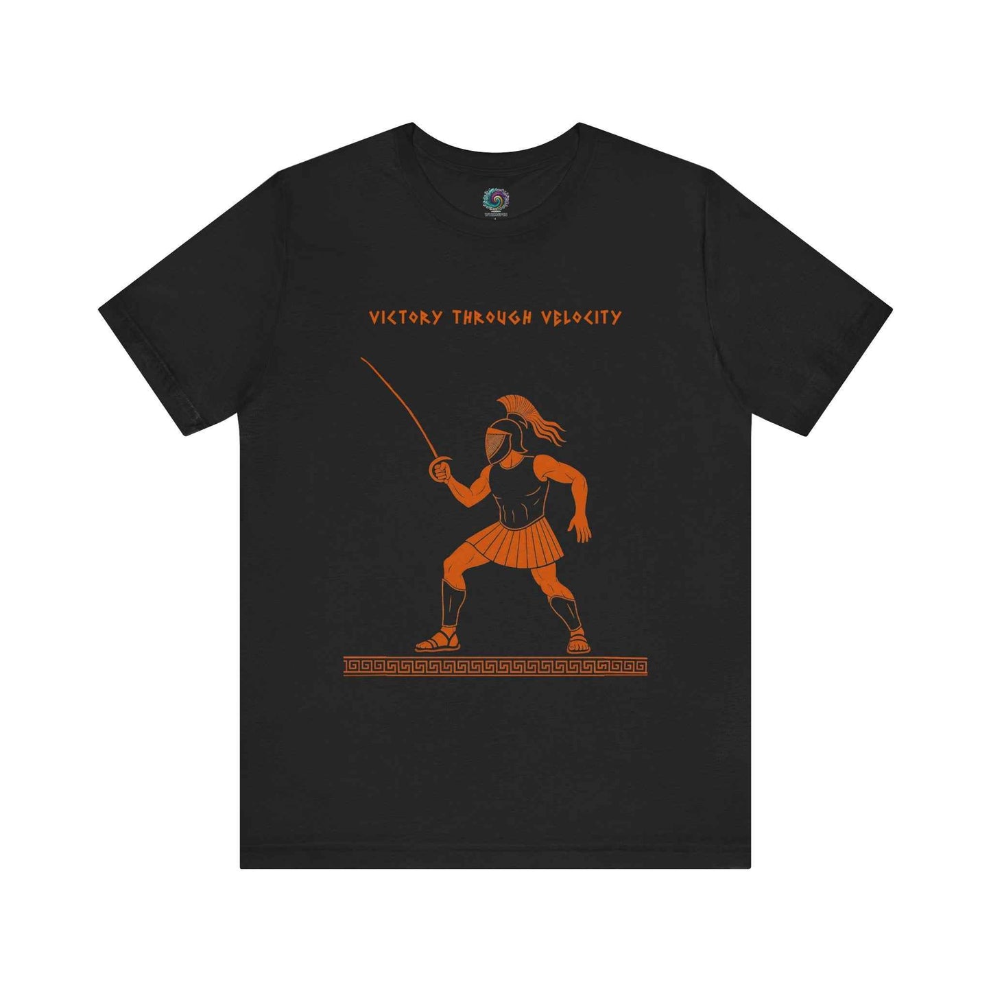 Black Ares Fencing Saber T-Shirt – “Victory Through Velocity” Greek Mythology Tee by WhimSpin. Terracotta cotta red image in the style of an ancient greek amphora of Ares holding a fencing saber and wearing his helmet, but the front is a fencing mask. The words "Victory Througg Velocity" are over his head.