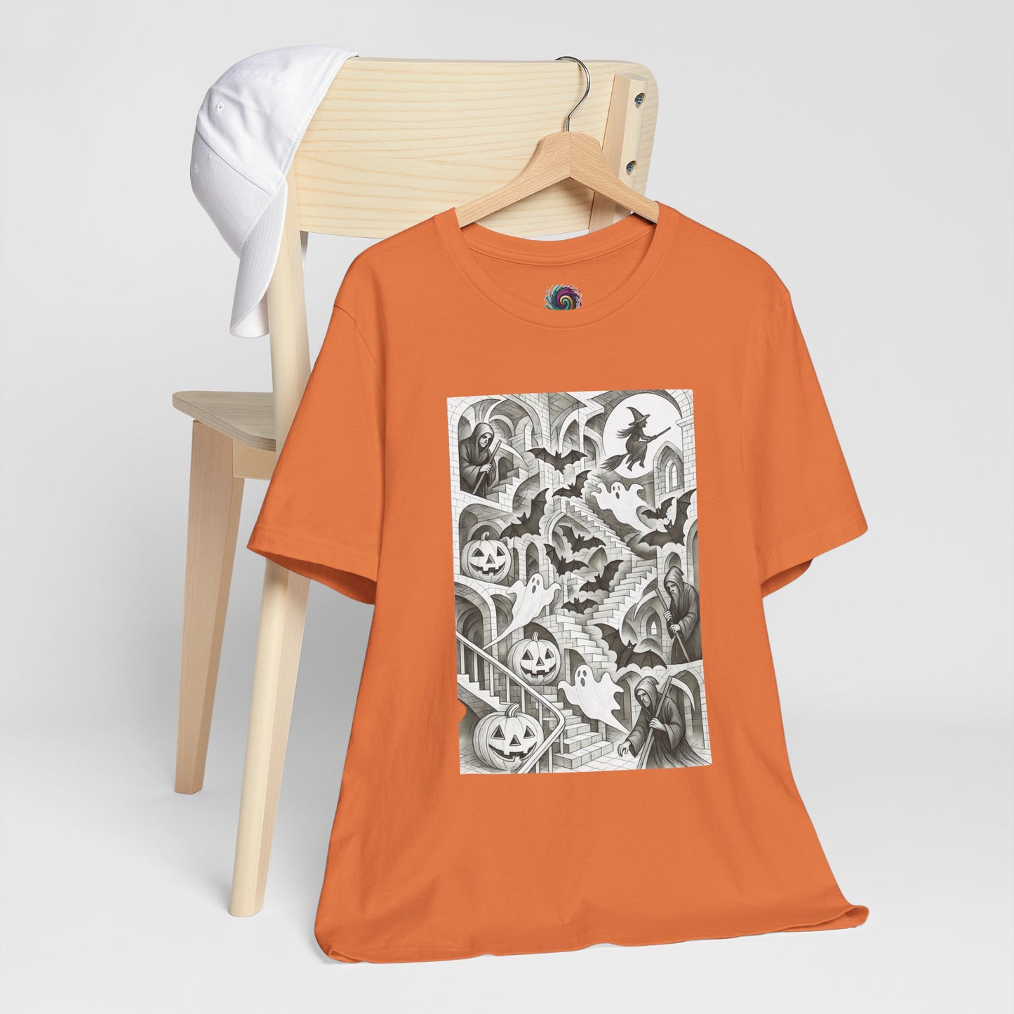 Haunted Hallways T-Shirt – Escher-Inspired Halloween Graphic Tee