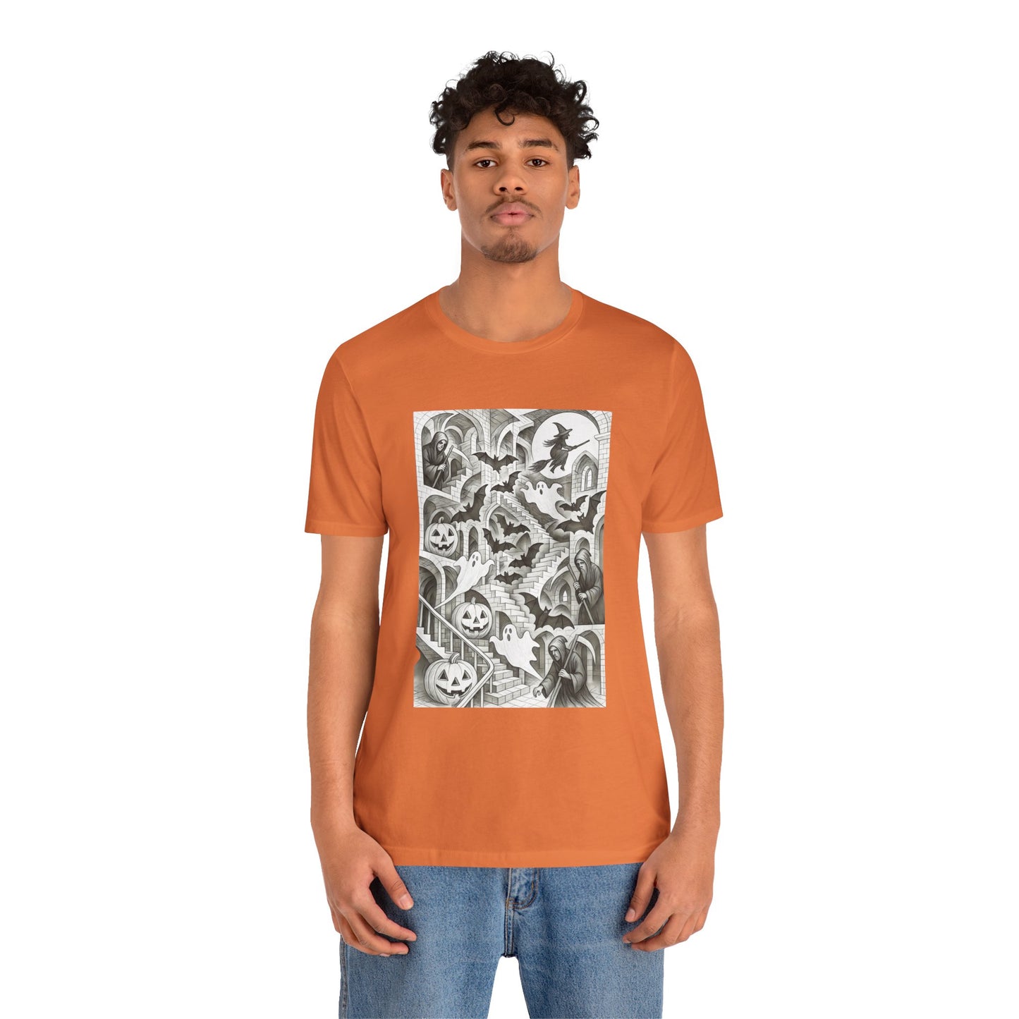 Haunted Hallways T-Shirt – Escher-Inspired Halloween Graphic Tee