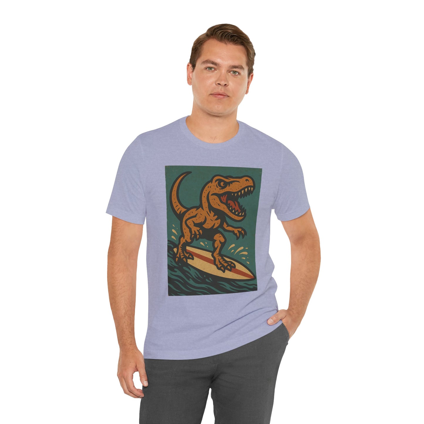 Surfing T-Rex T-Shirt – Funny Dinosaur Graphic Tee for Summer Vibes - WhimSpin - https://whimspin.com