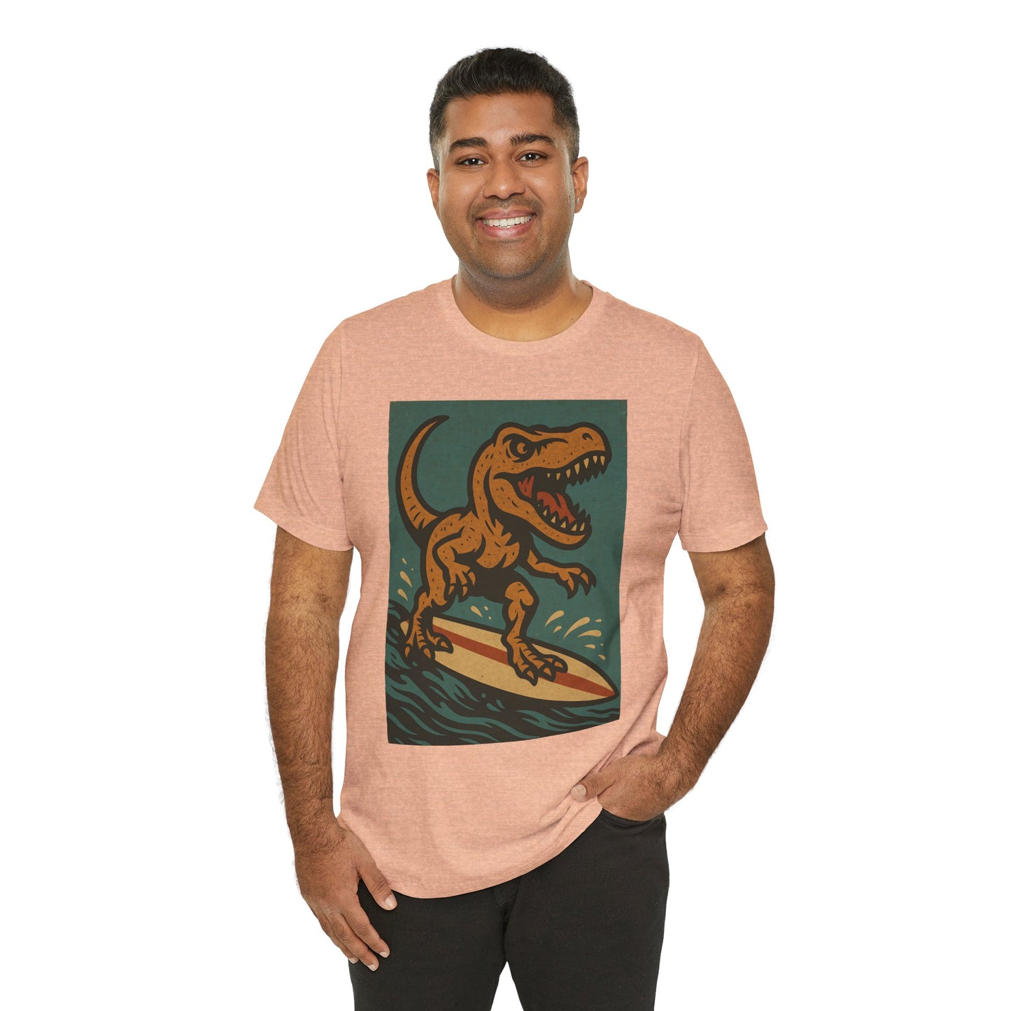 Surfing T-Rex T-Shirt – Funny Dinosaur Graphic Tee for Summer Vibes - WhimSpin - https://whimspin.com