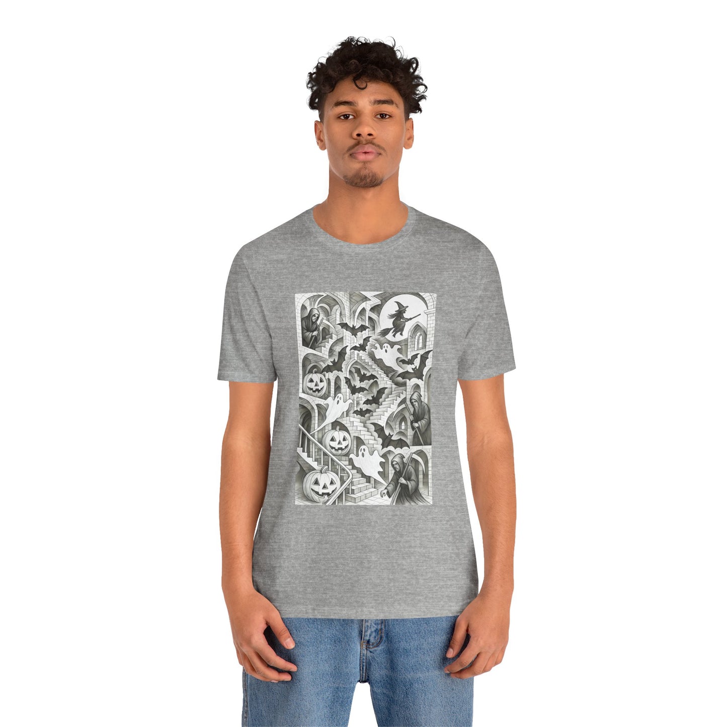 Haunted Hallways T-Shirt – Escher-Inspired Halloween Graphic Tee