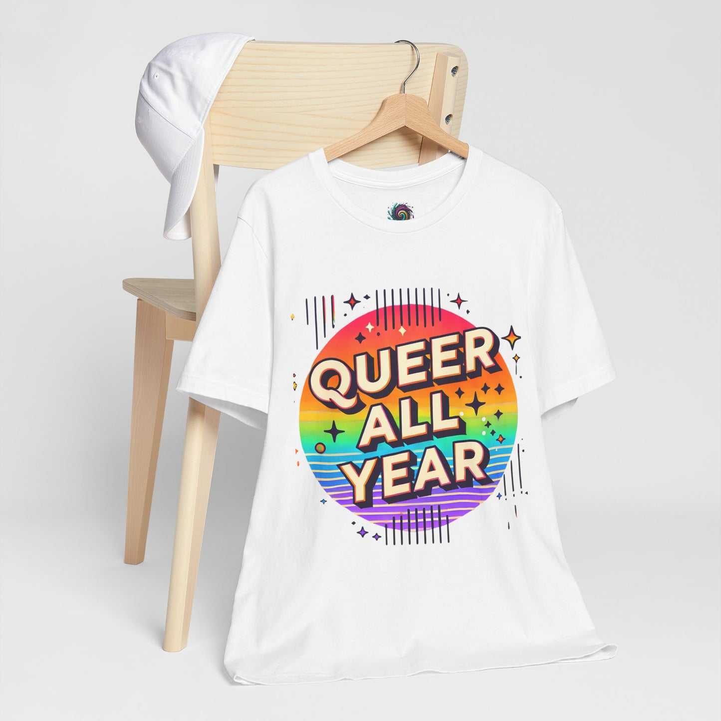 Queer All Year Tee – Retro Rainbow LGBTQ+ Graphic Shirt