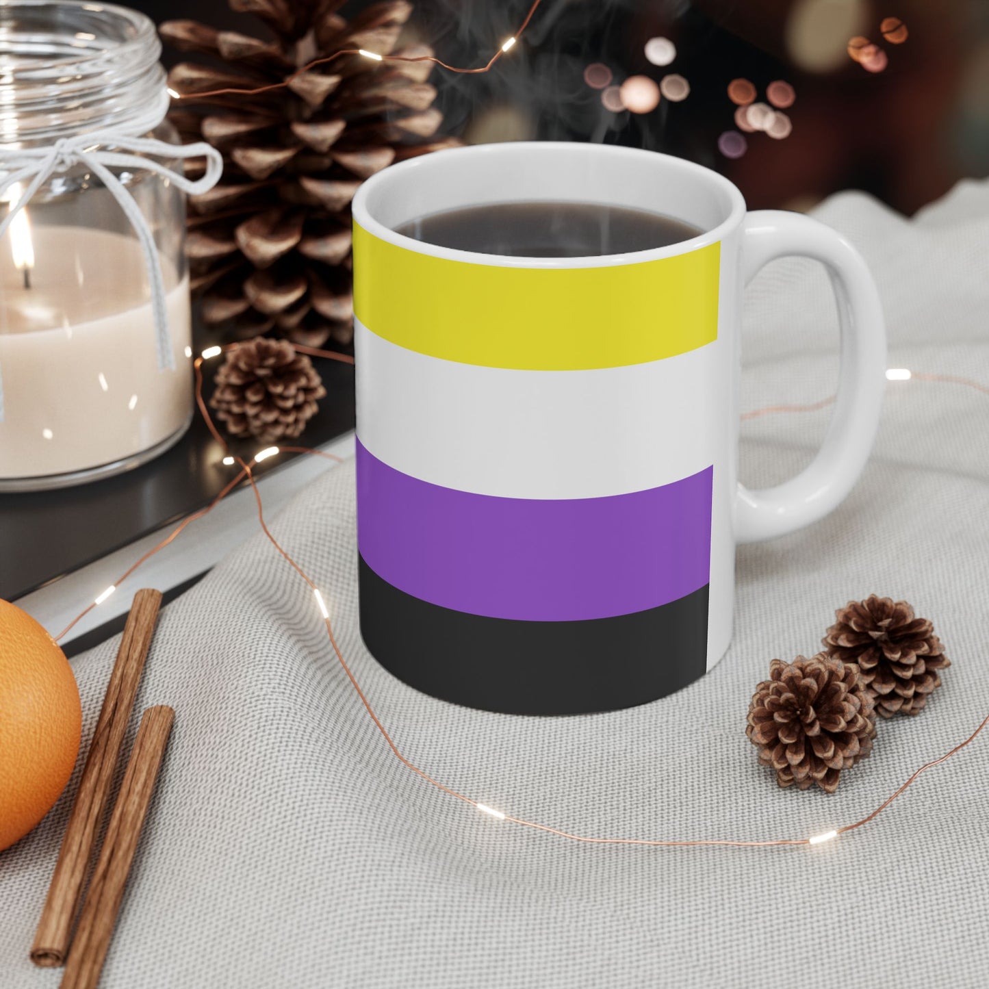 Nonbinary Pride Flag Cup – Yellow, White, Purple & Black LGBTQ+ Ceramic Mug