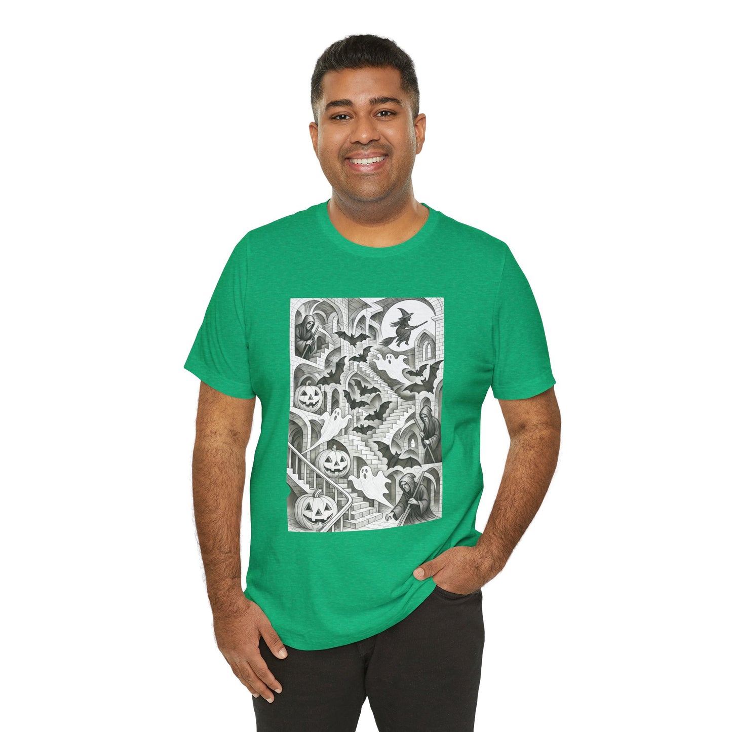 Haunted Hallways T-Shirt – Escher-Inspired Halloween Graphic Tee