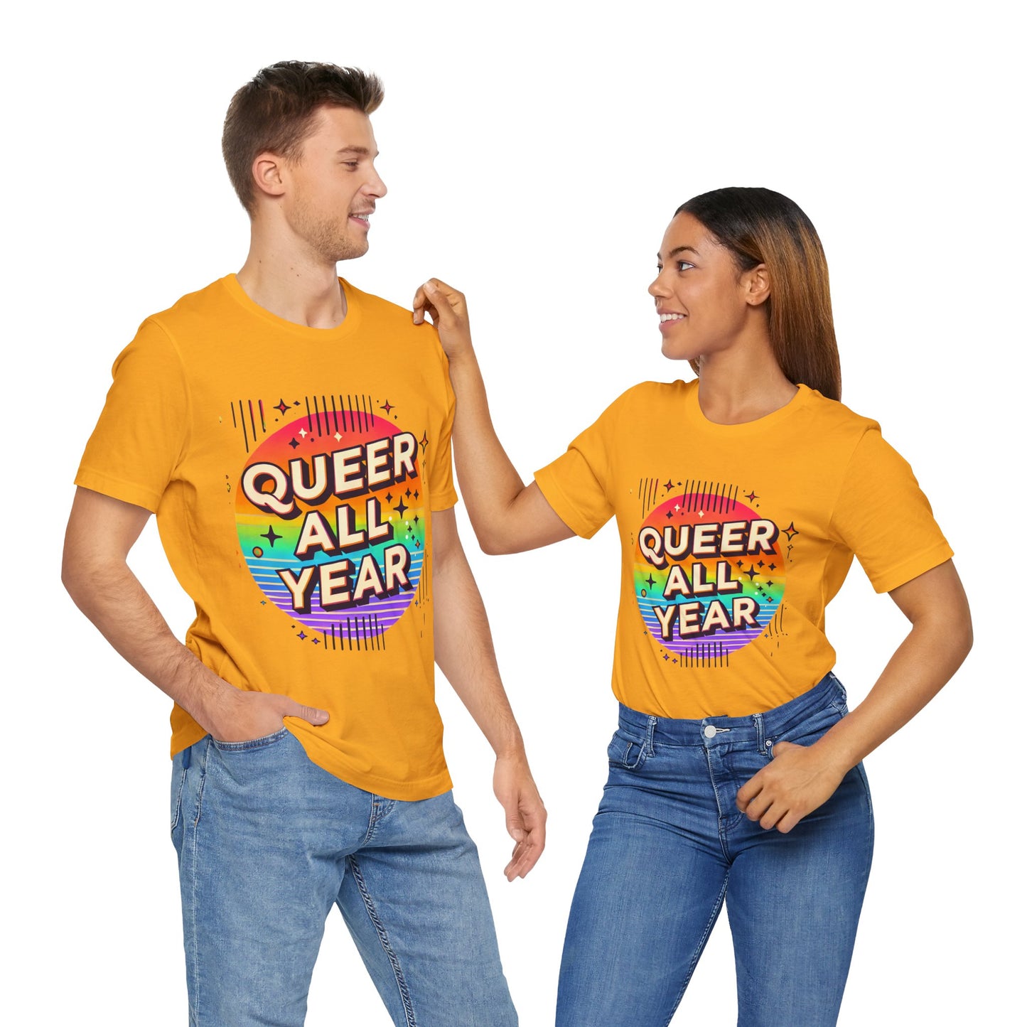 Queer All Year Tee – Retro Rainbow LGBTQ+ Graphic Shirt