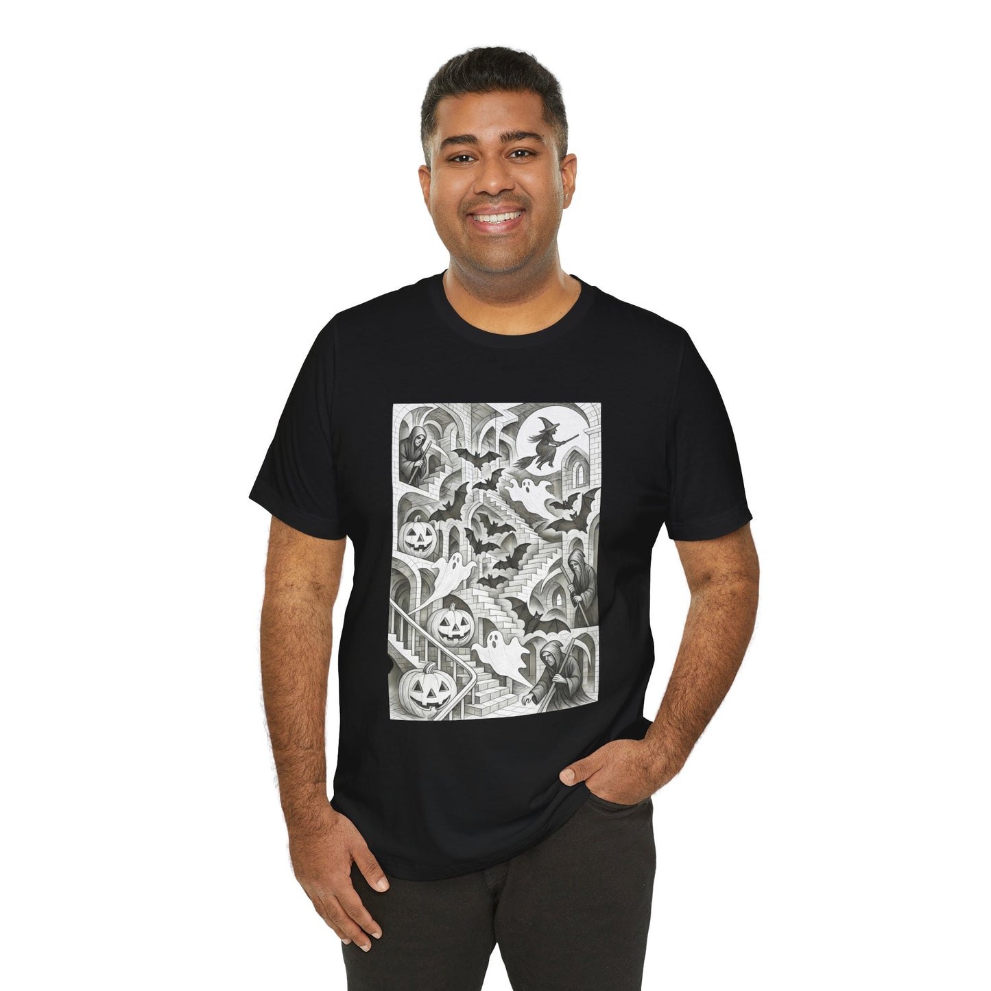 Haunted Hallways T-Shirt – Escher-Inspired Halloween Graphic Tee