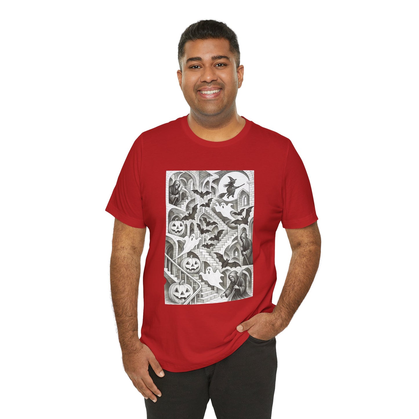 Haunted Hallways T-Shirt – Escher-Inspired Halloween Graphic Tee