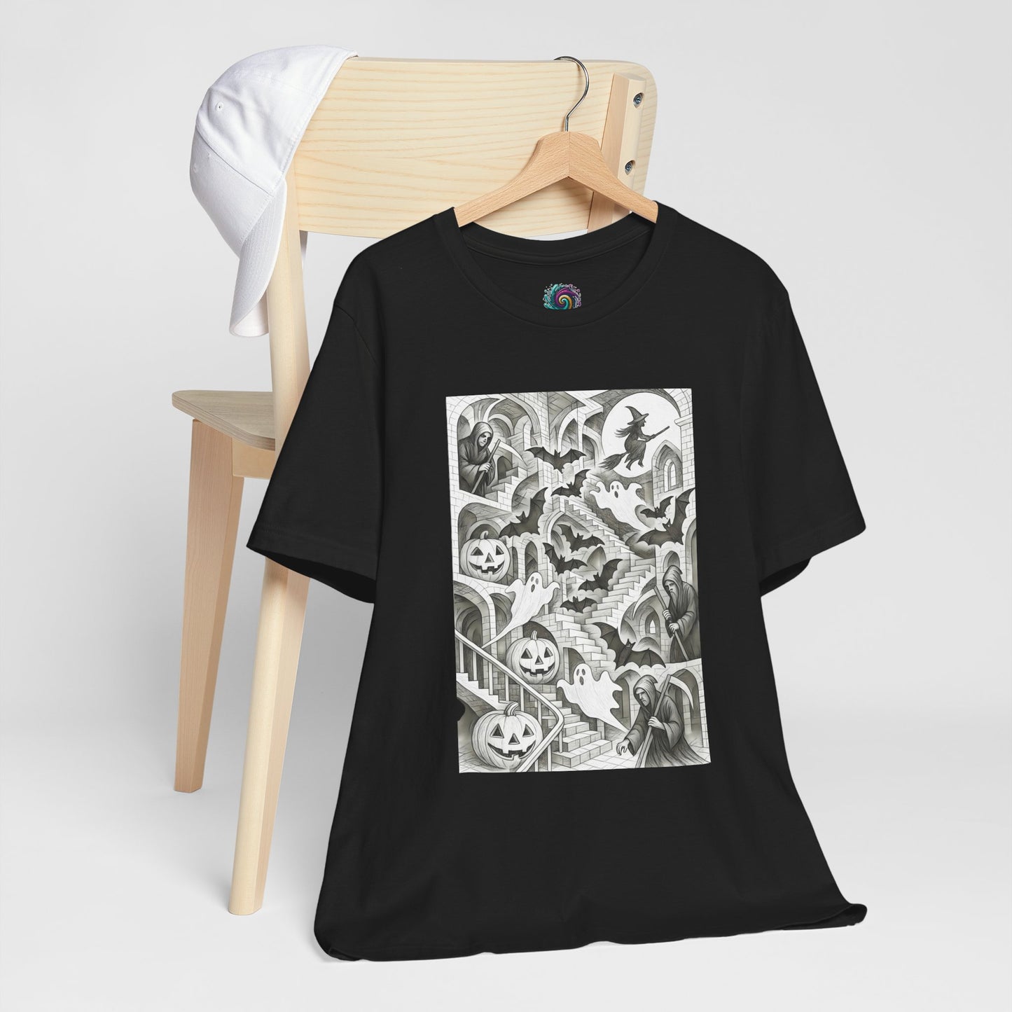 Haunted Hallways T-Shirt – Escher-Inspired Halloween Graphic Tee