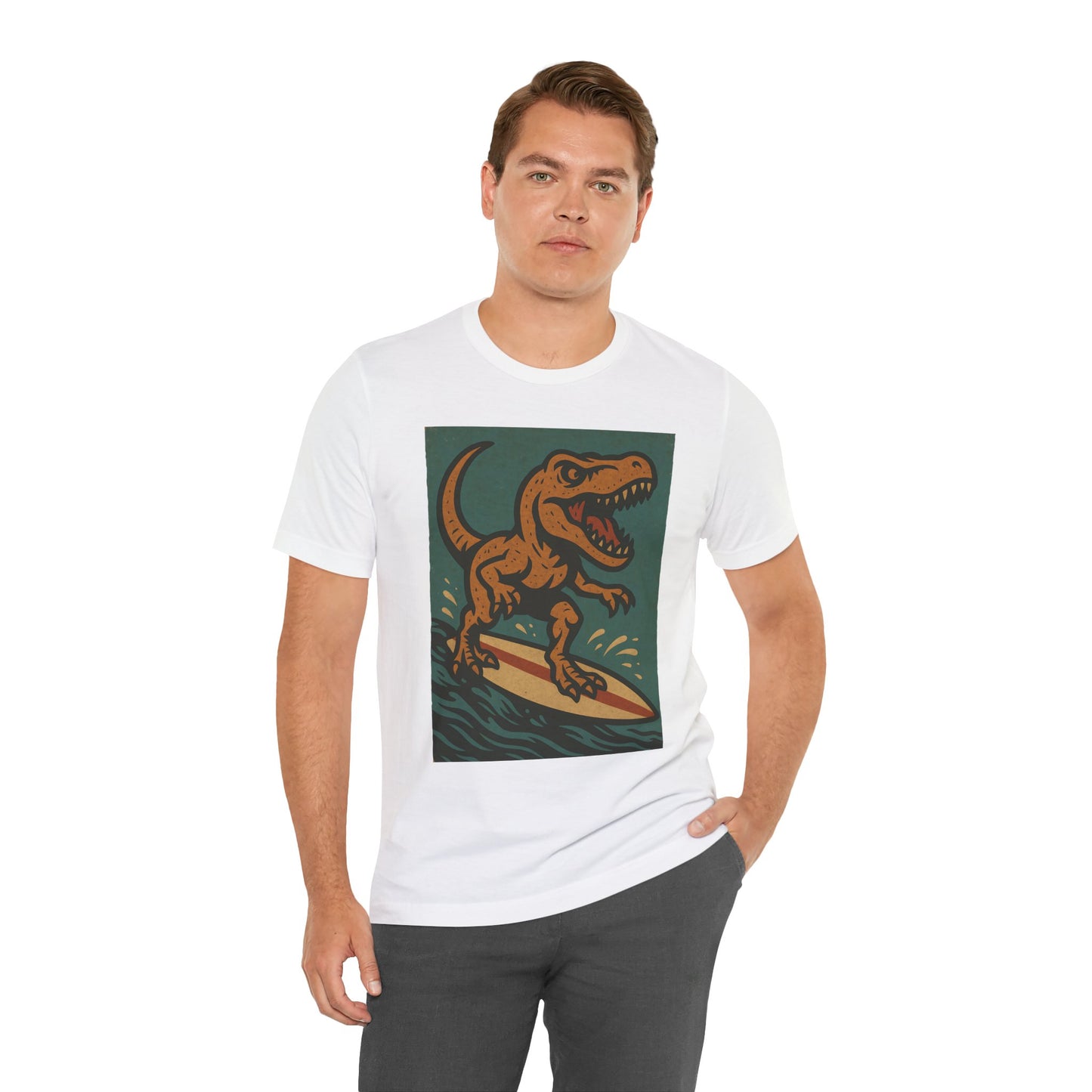 Surfing T-Rex T-Shirt – Funny Dinosaur Graphic Tee for Summer Vibes - WhimSpin - https://whimspin.com