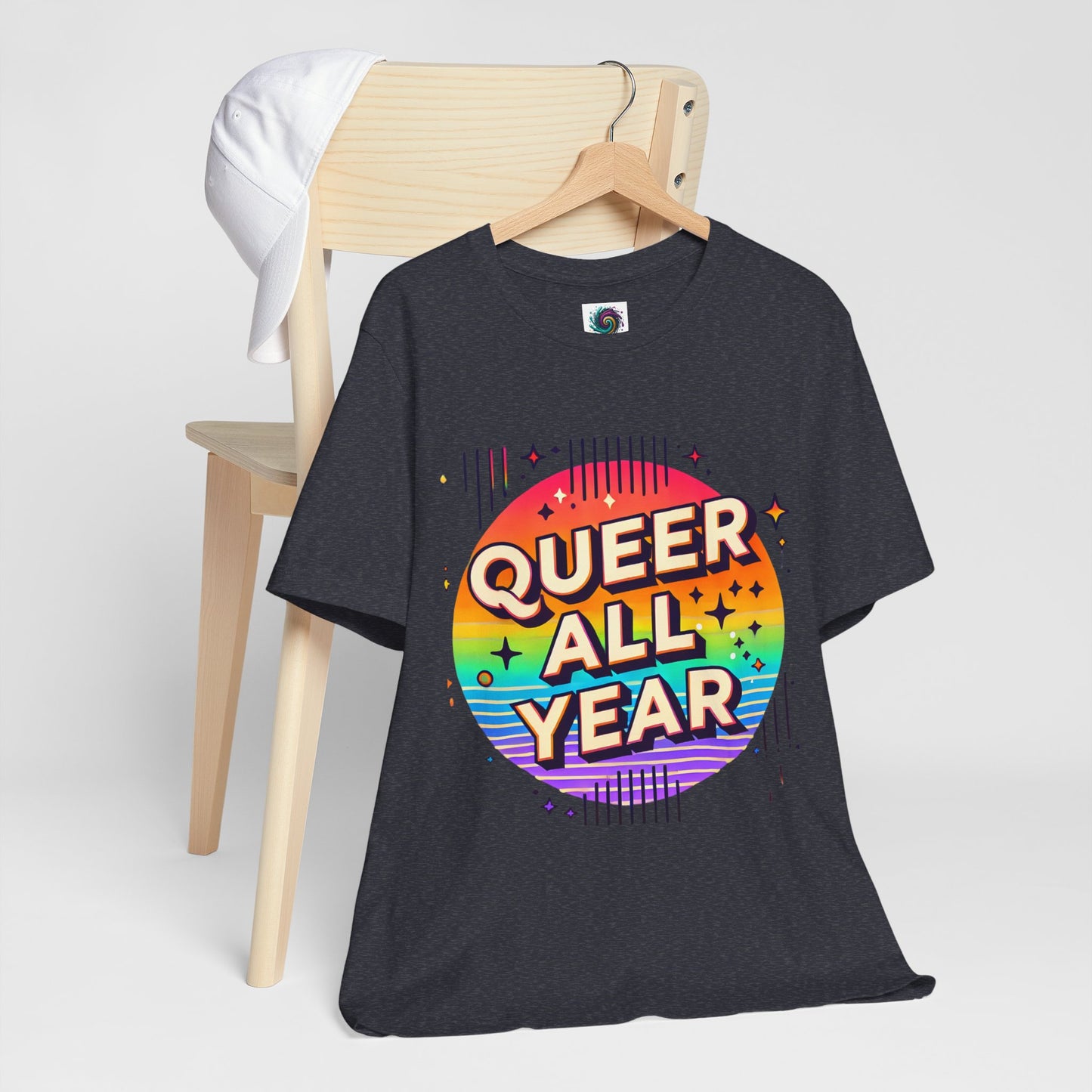 Queer All Year Tee – Retro Rainbow LGBTQ+ Graphic Shirt - WhimSpin