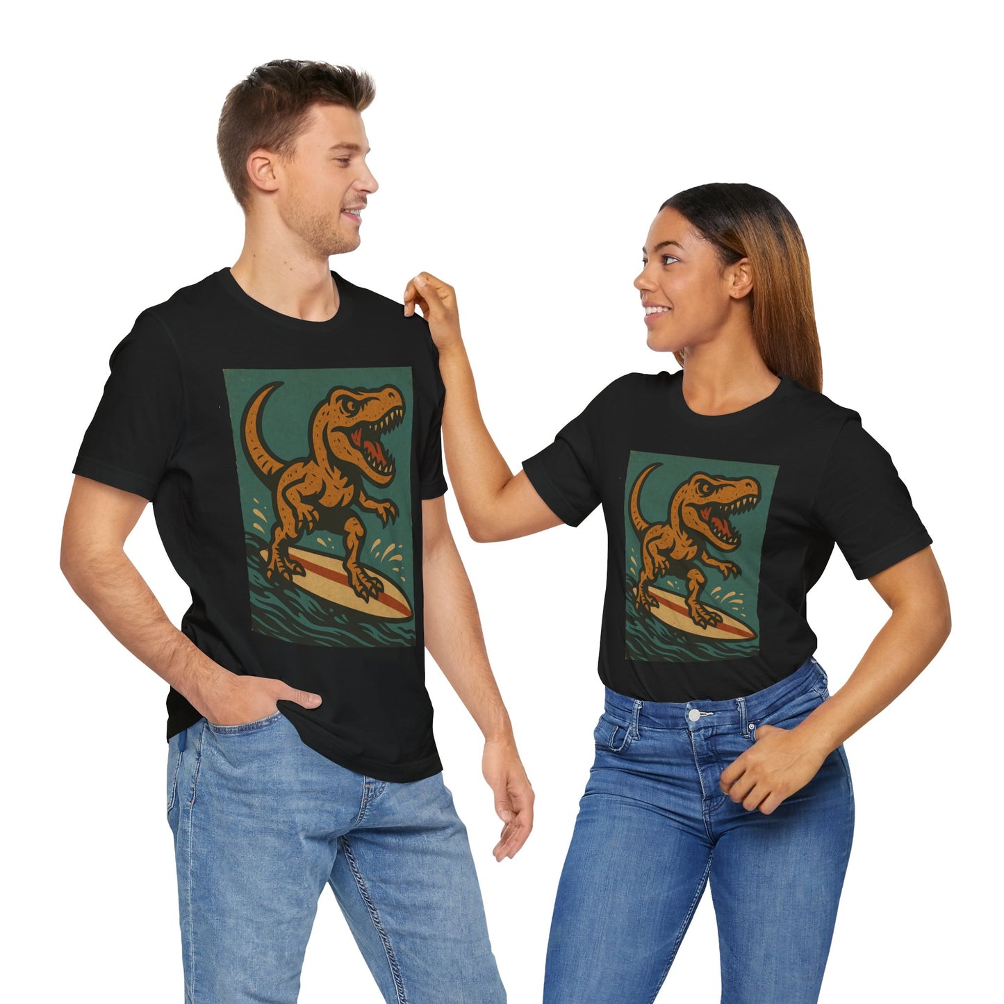Surfing T-Rex T-Shirt – Funny Dinosaur Graphic Tee for Summer Vibes - WhimSpin - https://whimspin.com