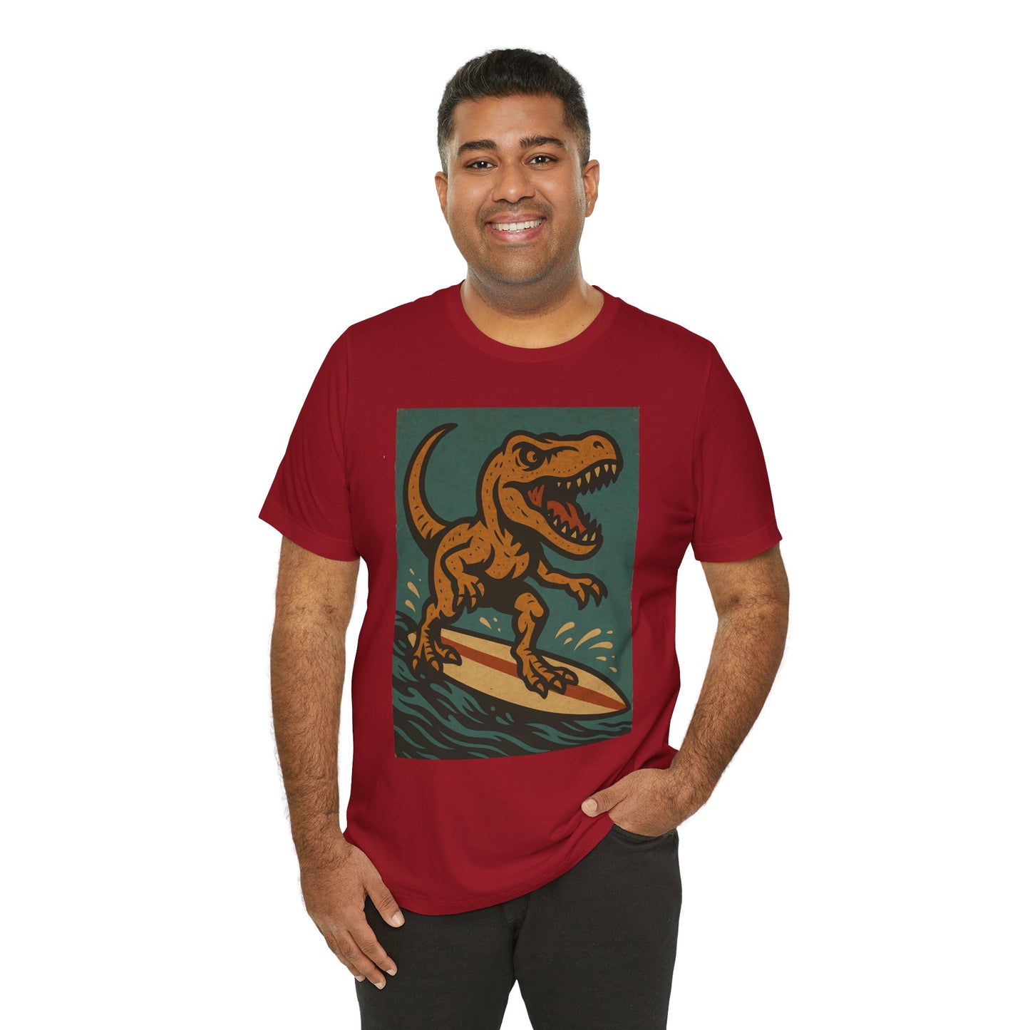 Surfing T-Rex T-Shirt – Funny Dinosaur Graphic Tee for Summer Vibes - WhimSpin - https://whimspin.com