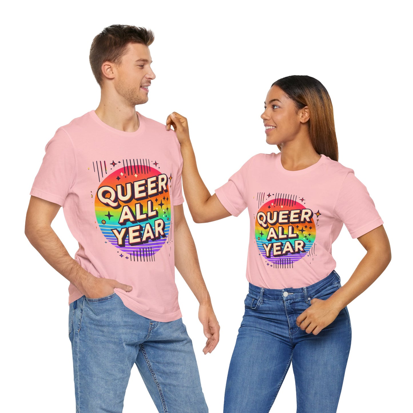 Queer All Year Tee – Retro Rainbow LGBTQ+ Graphic Shirt