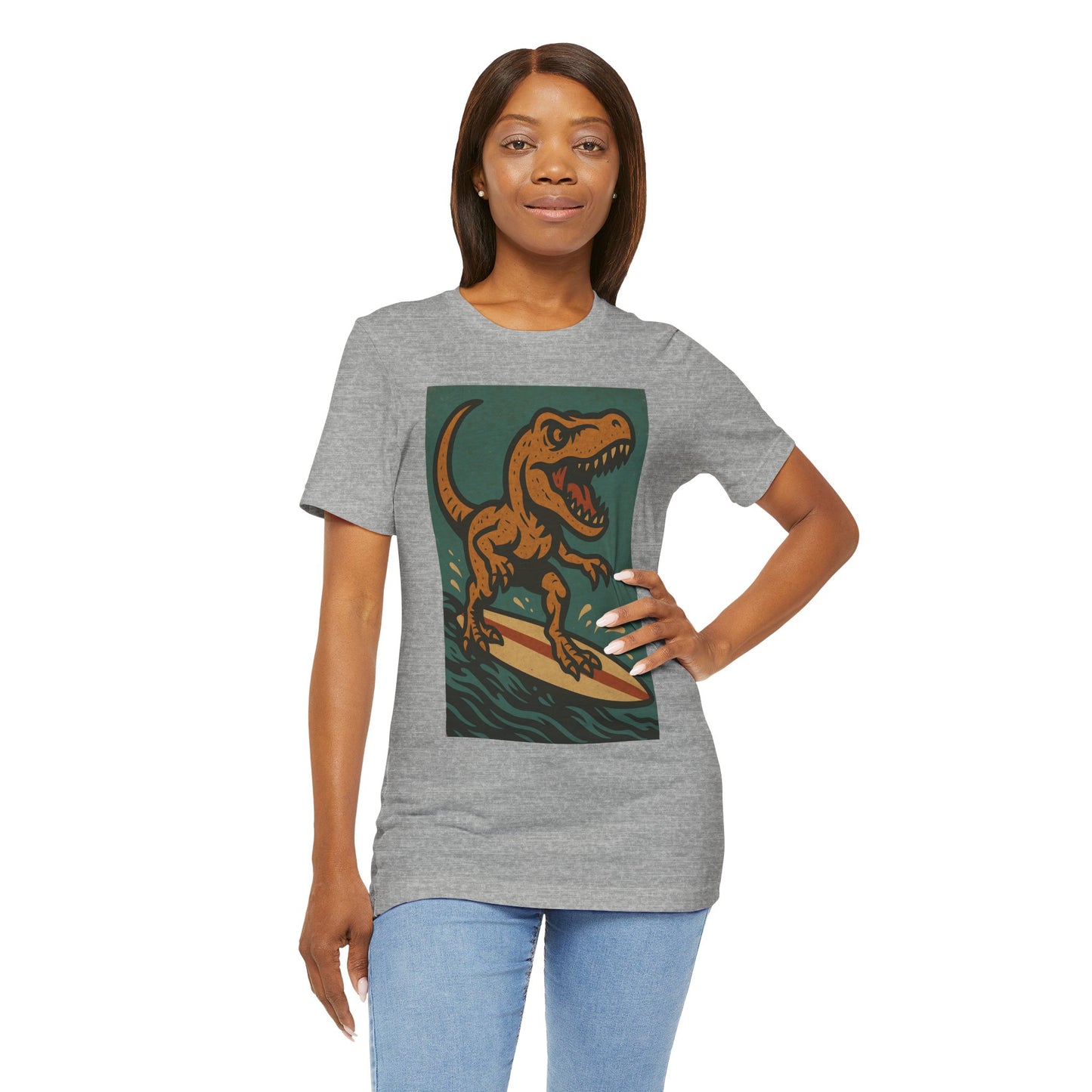 Surfing T-Rex T-Shirt – Funny Dinosaur Graphic Tee for Summer Vibes - WhimSpin - https://whimspin.com