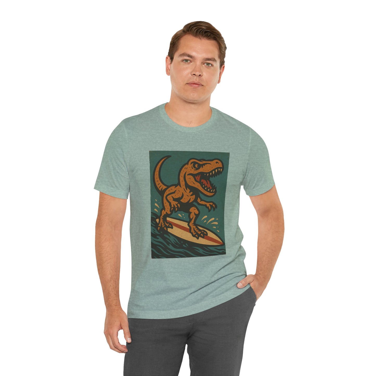 Surfing T-Rex T-Shirt – Funny Dinosaur Surfing Graphic Tee