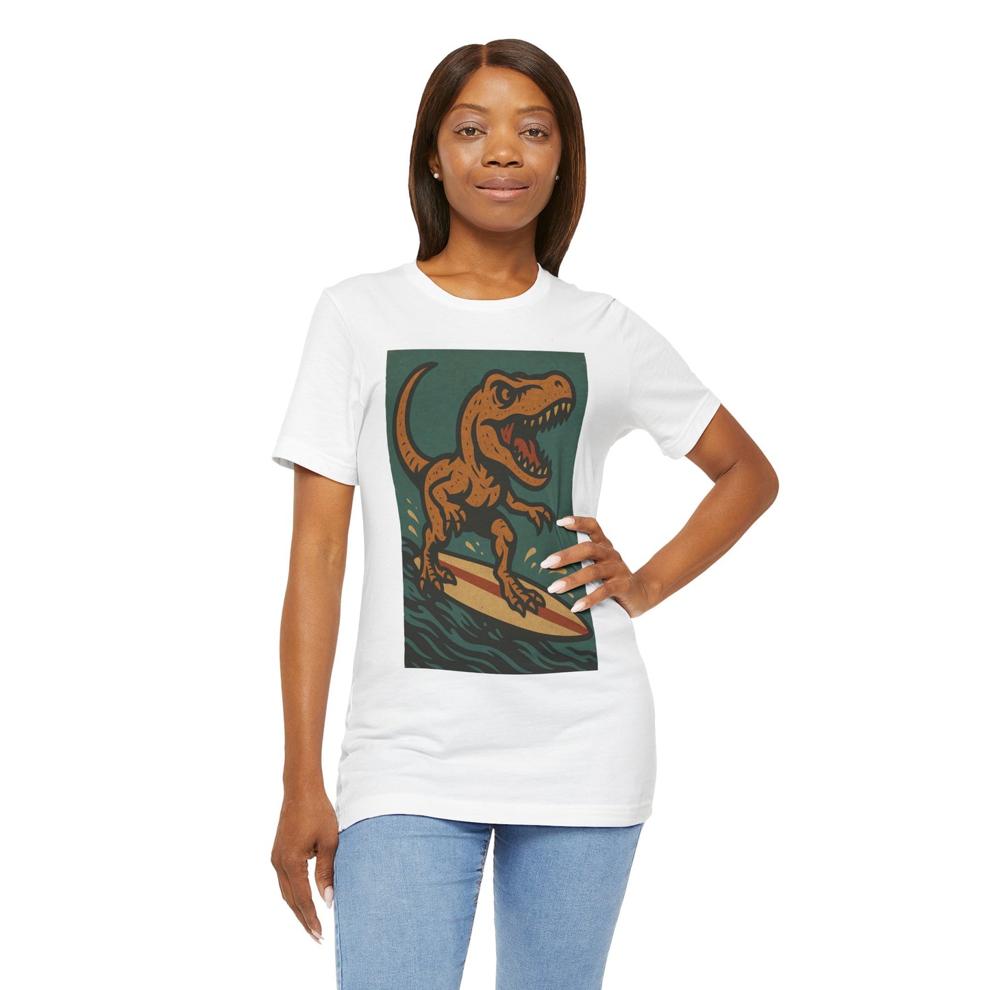 Surfing T-Rex T-Shirt – Funny Dinosaur Graphic Tee for Summer Vibes - WhimSpin - https://whimspin.com