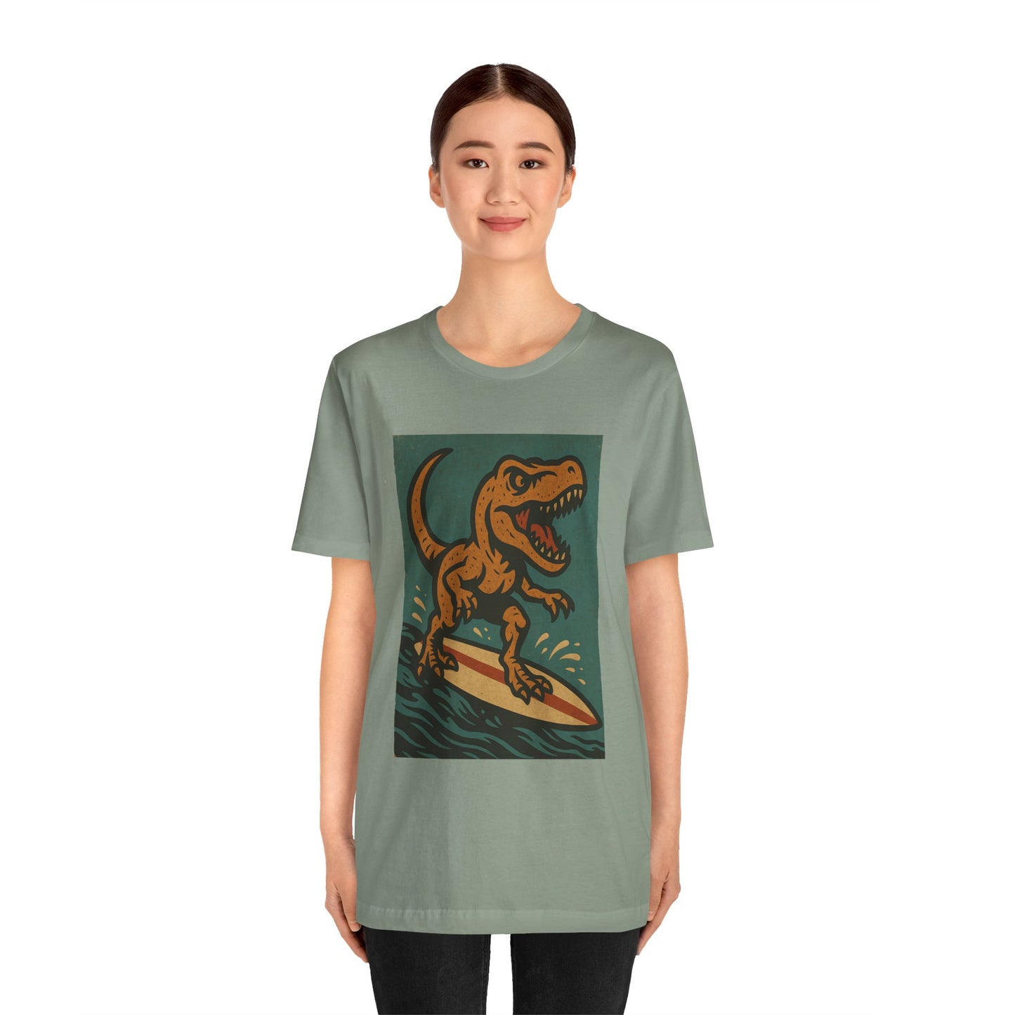 Surfing T-Rex T-Shirt – Funny Dinosaur Surfing Graphic Tee