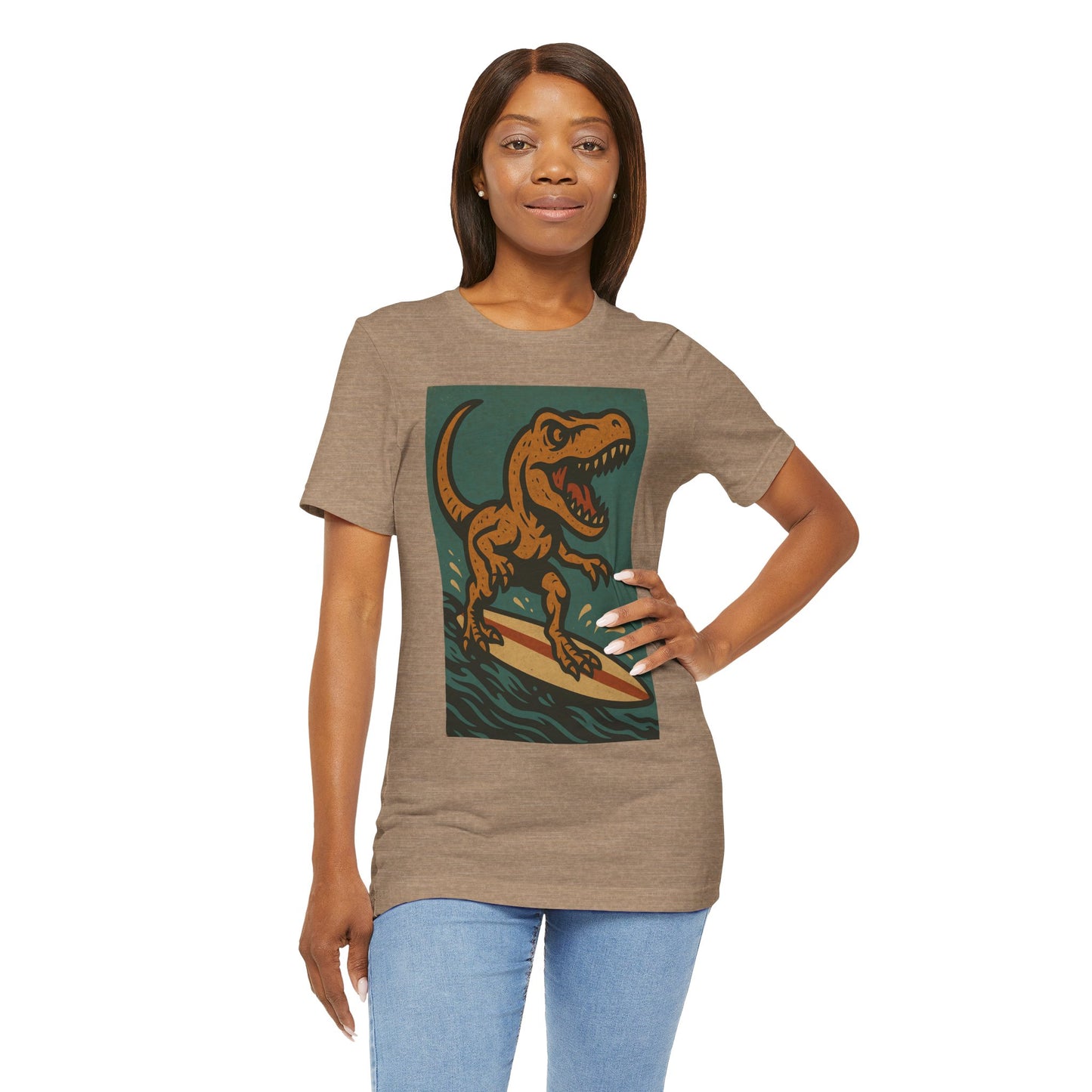 Surfing T-Rex T-Shirt – Funny Dinosaur Graphic Tee for Summer Vibes - WhimSpin - https://whimspin.com